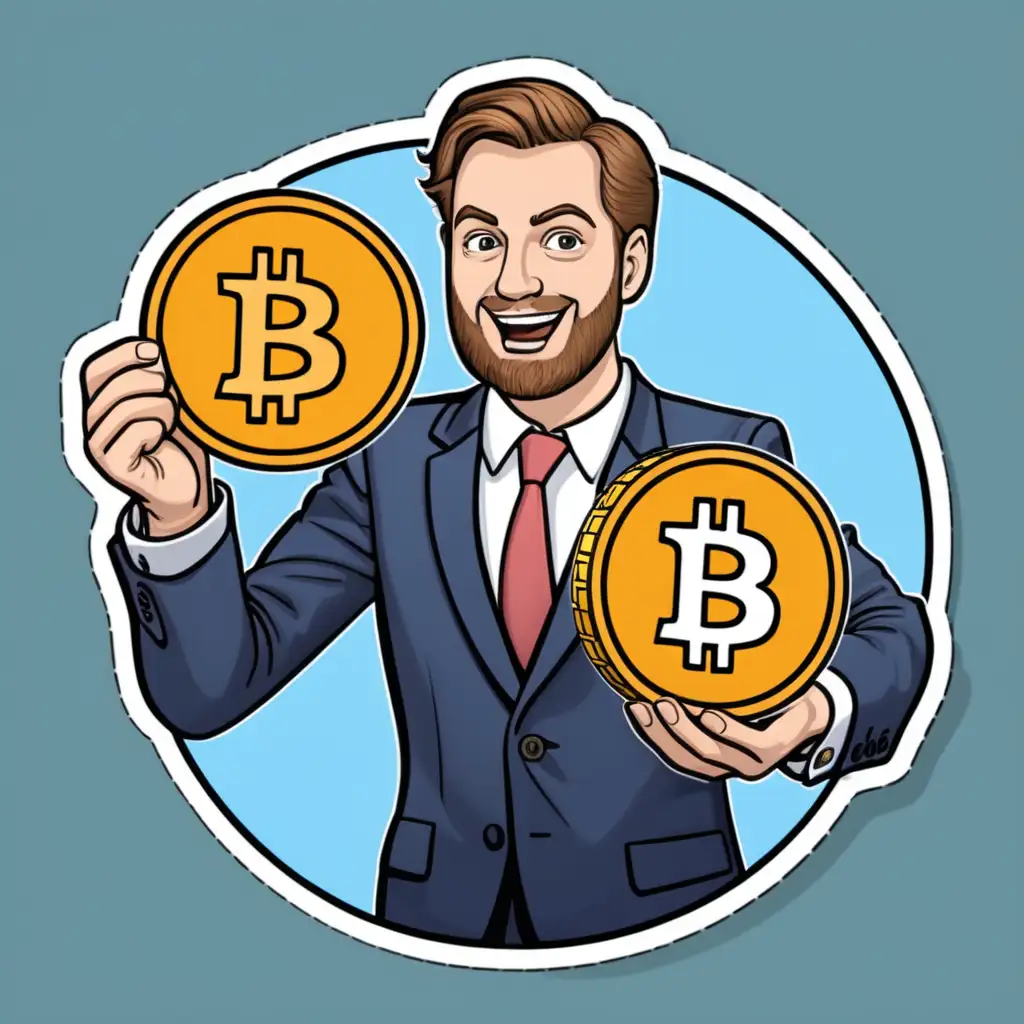 holding bitcoin in one hand, money in the other, putting in a dip, . cartoon style sticker 