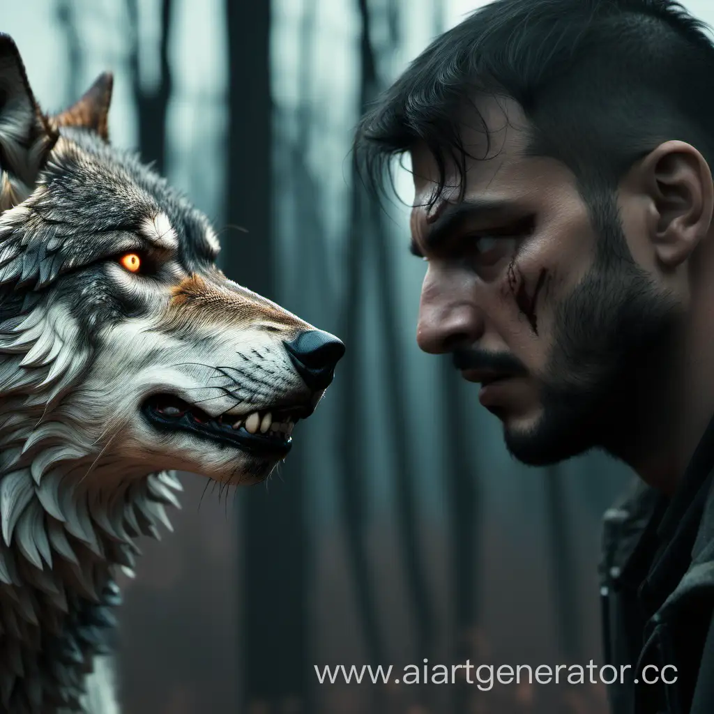 A brutal man and a wolf are depicted in close-up. They are in nature and looking into the distance