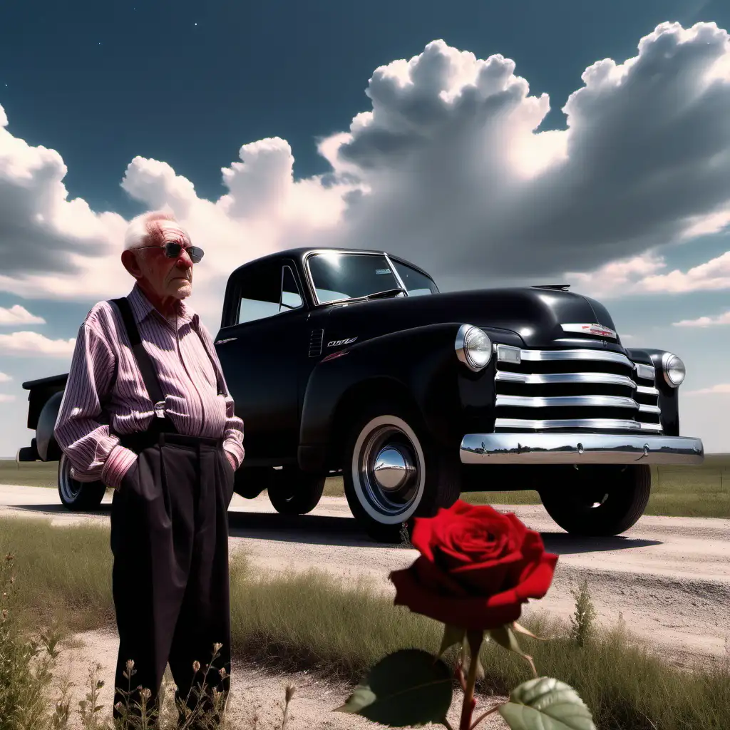 super sharp photo of an old man standing  outside of his black Chevy 55, in an open landscape with Stars and Stripes in the background cumulus sky and one one Red Rose 4K HD
