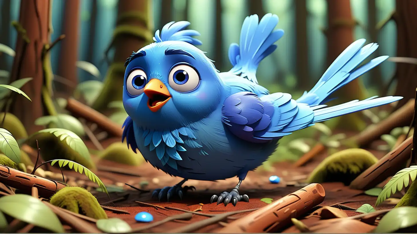 pixar style. one small blue bird lost in forest 
