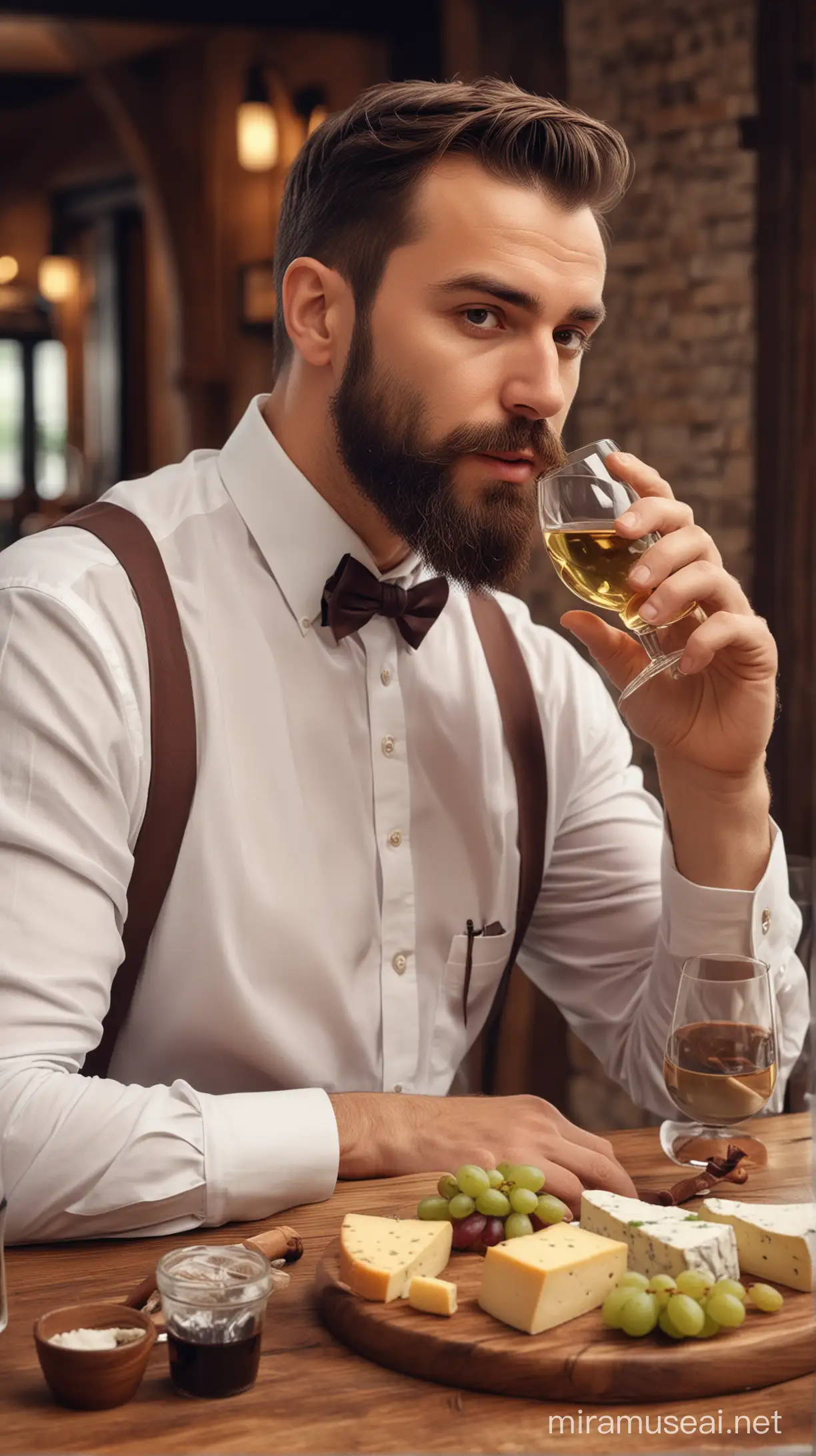 man wearing white shirt with wood bowties, he is in cozy restaurant and drinking wine , eating cheese with grape. the man is with beard, make the photo realistic