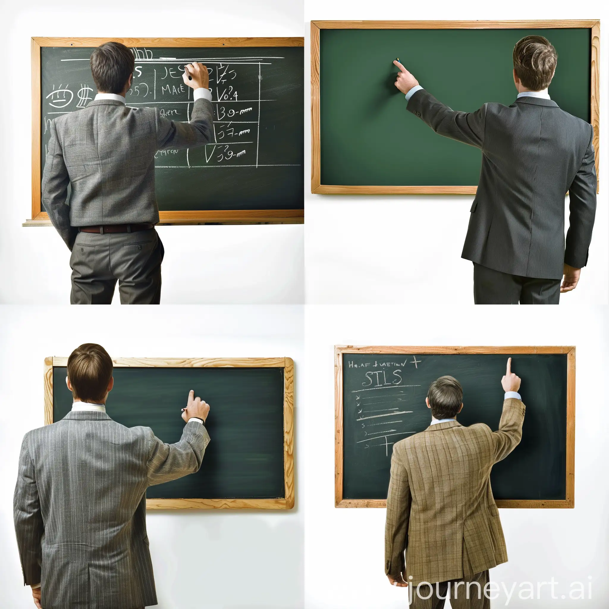 A faceless attractive gentleman teaching on a blackboard, all of this photo has a white background