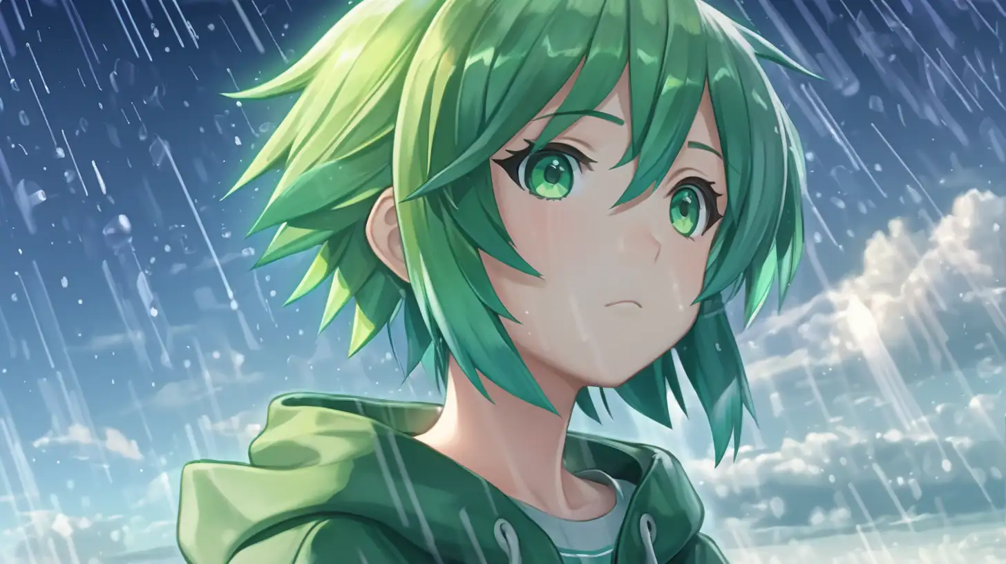 GUMI vocaloid face, clear to see and well lit. lightly raining sky theme. Makoto Shinkai art style. No imperfections.