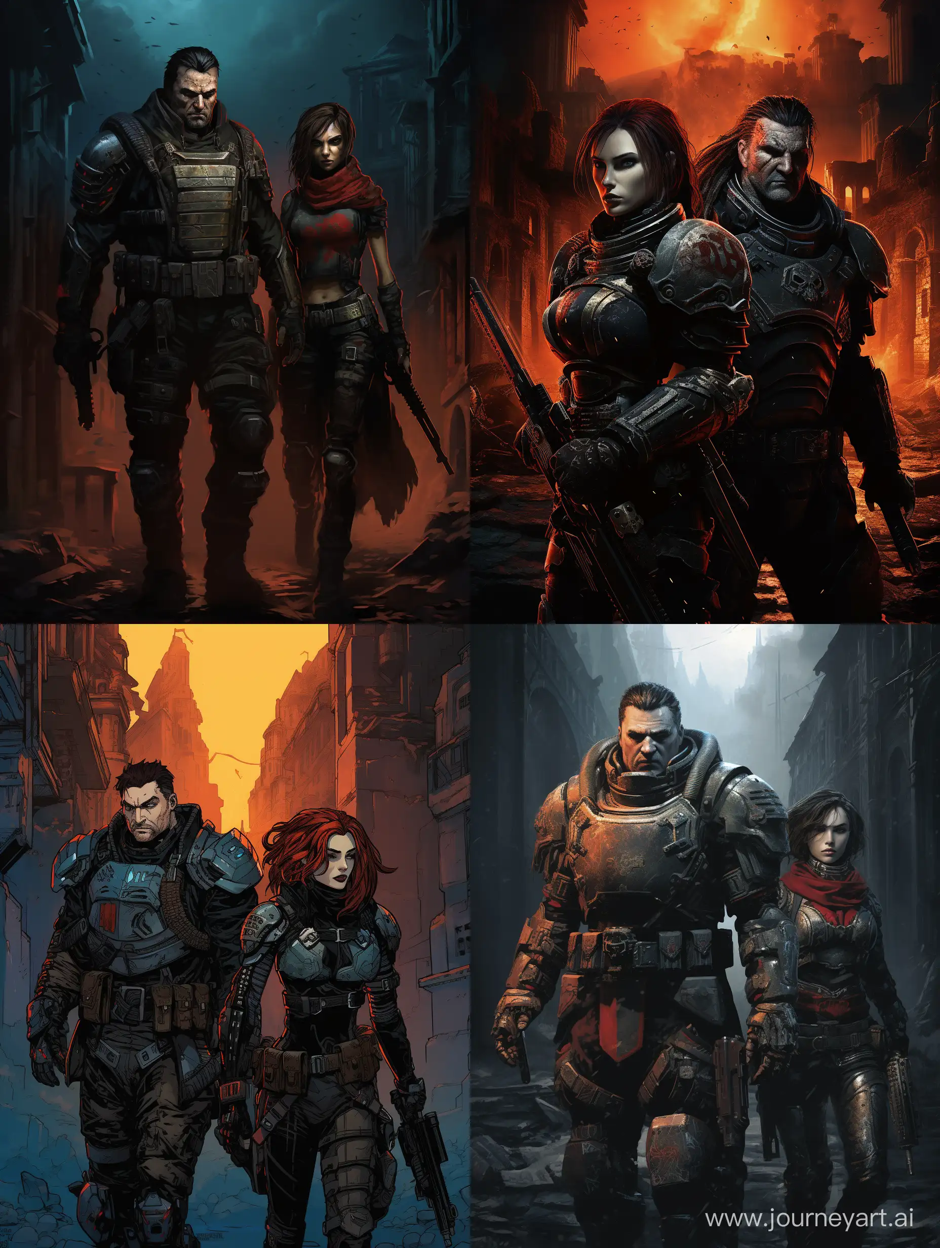 a space marine and a sister of battle from warhammer 40k universe are walking togheter in an urban destroied landscape. its night and you can see nebulas in the sky . The space marine has no helmet , has the insignia of bolood ravens on the shoulder, his hair is grey, short and crested. The sister of battle has asimetric pixie copper hair