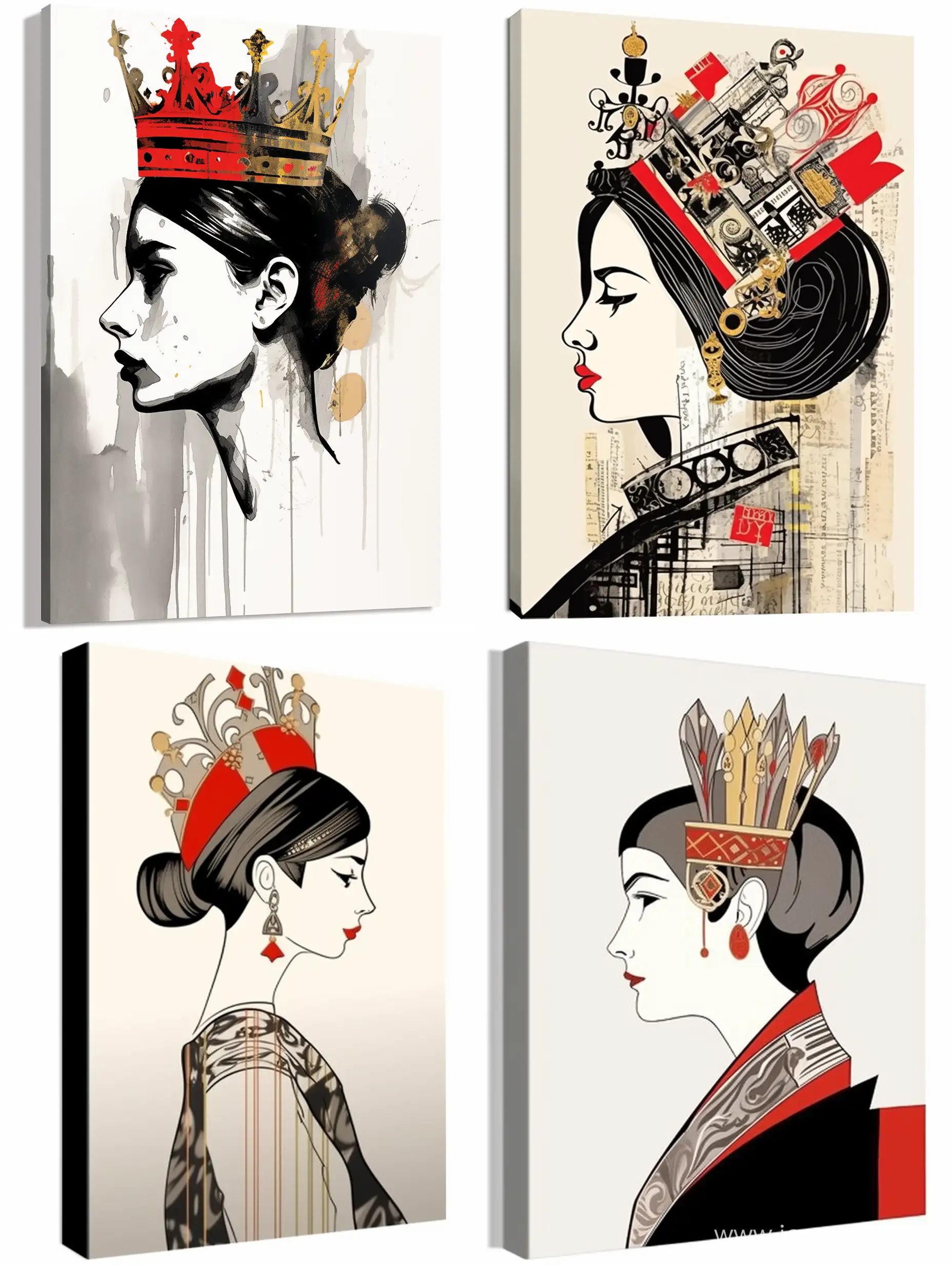 Young Jeanne Lanvin, central portrait in profile, with crown on her head, wearing Lanvin clothing, on white background, colors: gray, black, red, gold, René Grouot style, decorative, illustration, ink stroke, cartoon style
