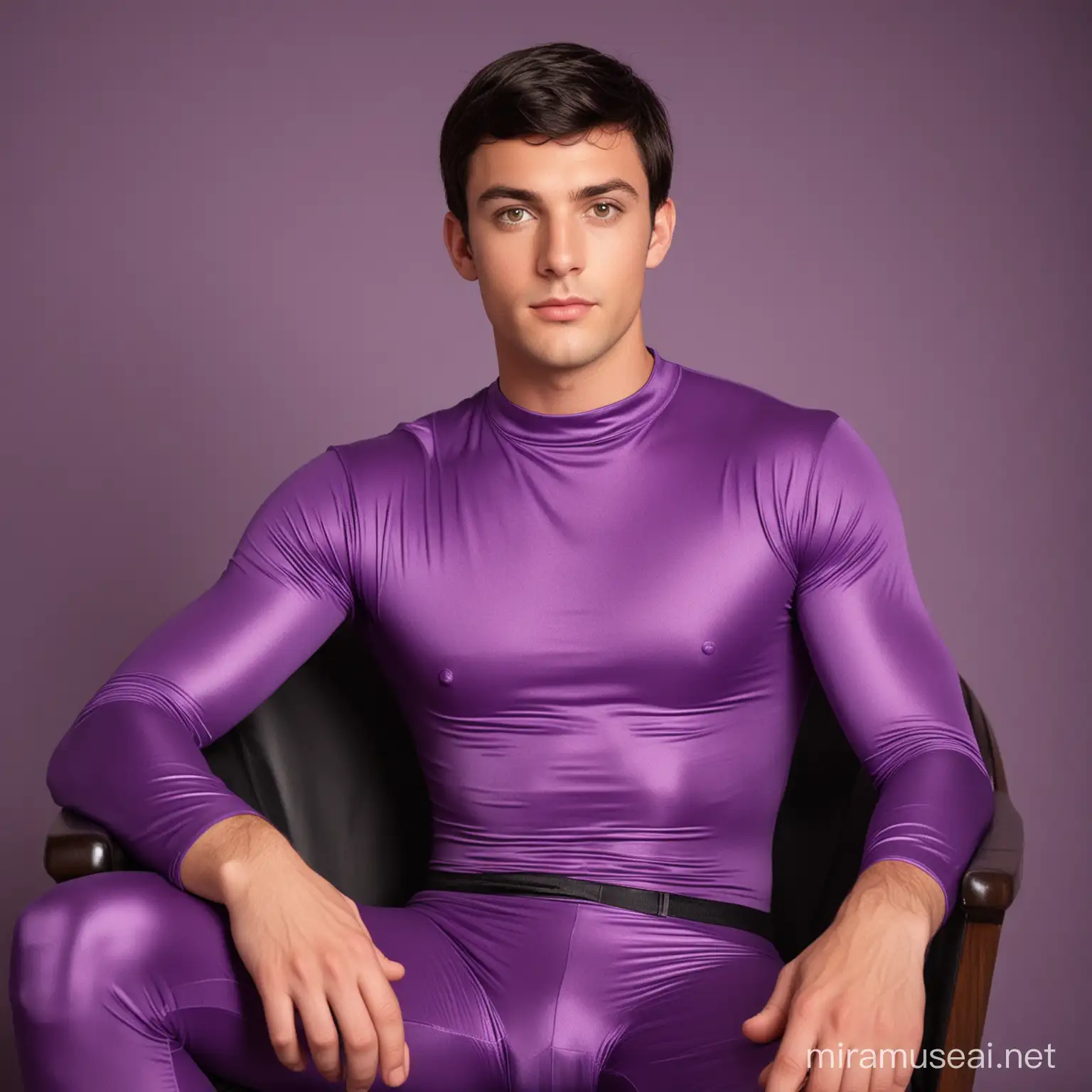Picture of handsome dorky  27 year old 1960s American man, with short black hair, hazel eyes; wearing full amethyst hero spandex bodysuit, sitting in chair.