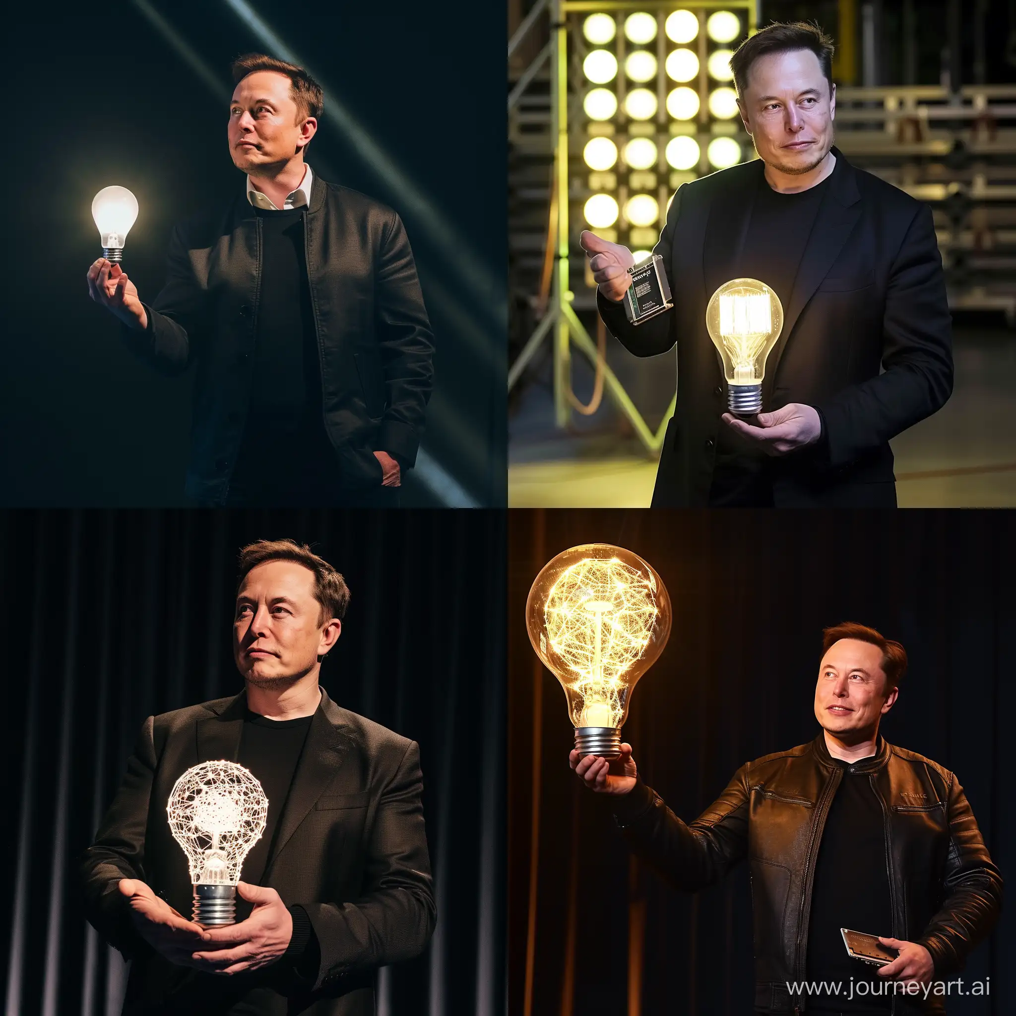 Илон Маск стоящий с чипом neuralink как Эдисон с лампочкой