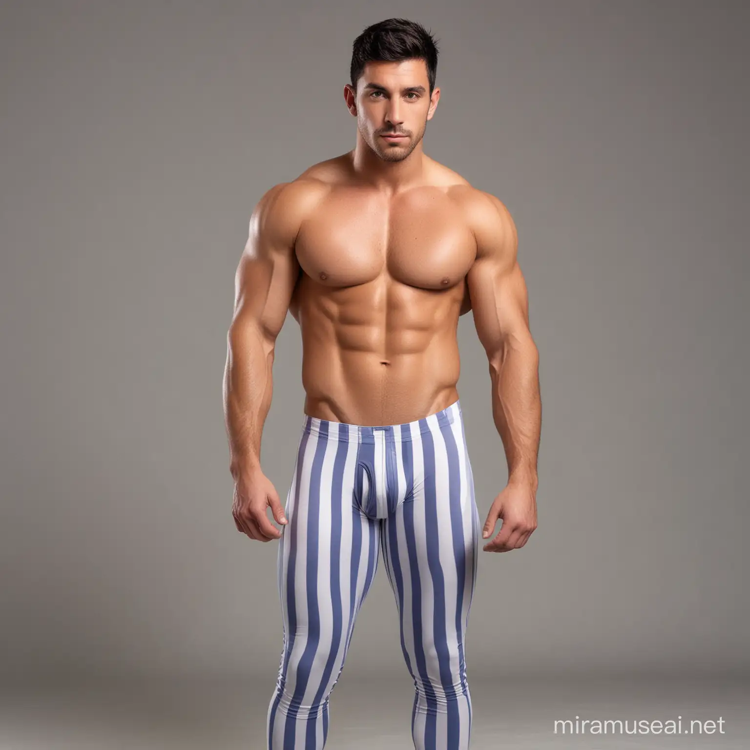 Charming shirtless muscular 28 year old male Argentine man, with short black hair, slight tanned skin; no-facial beard; wearing long periwinkle spandex leggings (with vertical white stripes), prominent calves and buttocks, rear view
