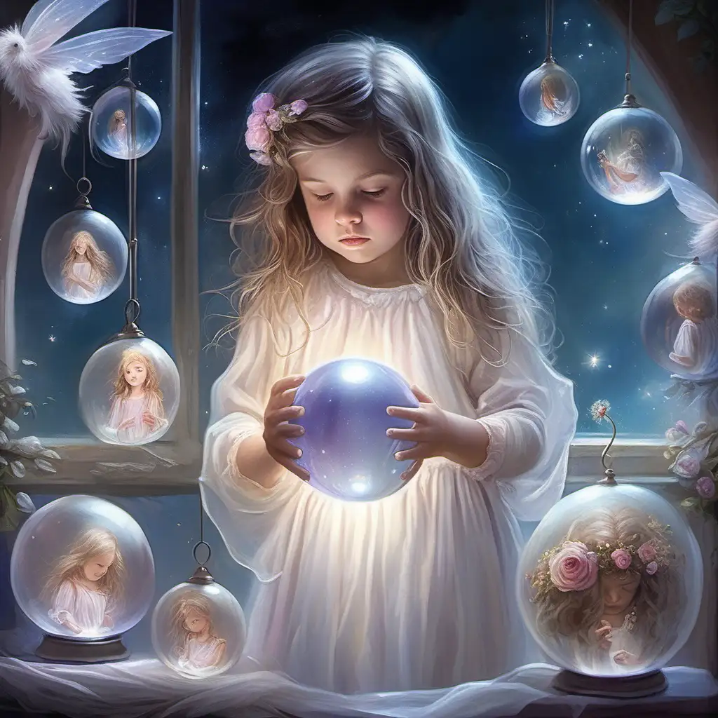 little girl looking down at Orb she is looking at, she has flowing hair with flower to one side and chiffon dress like a angel there is a window in the background a few small fairies are flying in the room
imitate the image