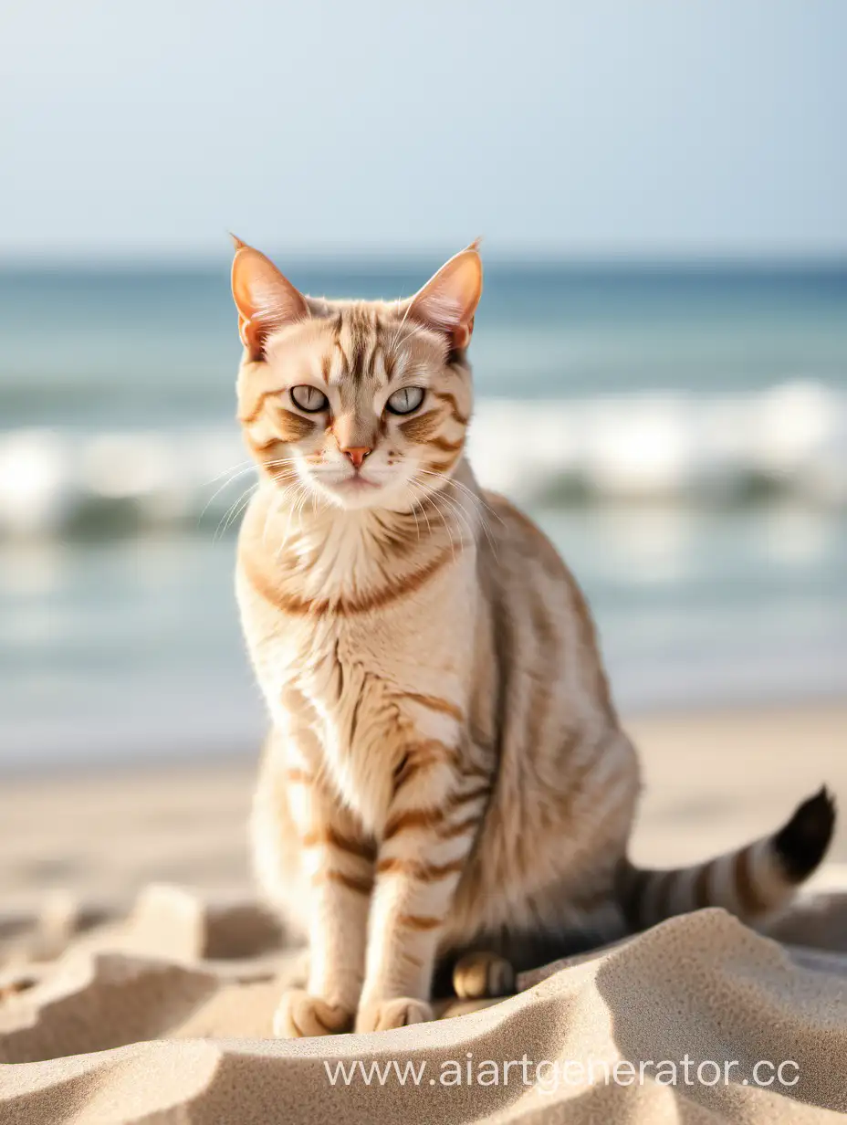бежевая кошка на пляже возле моря