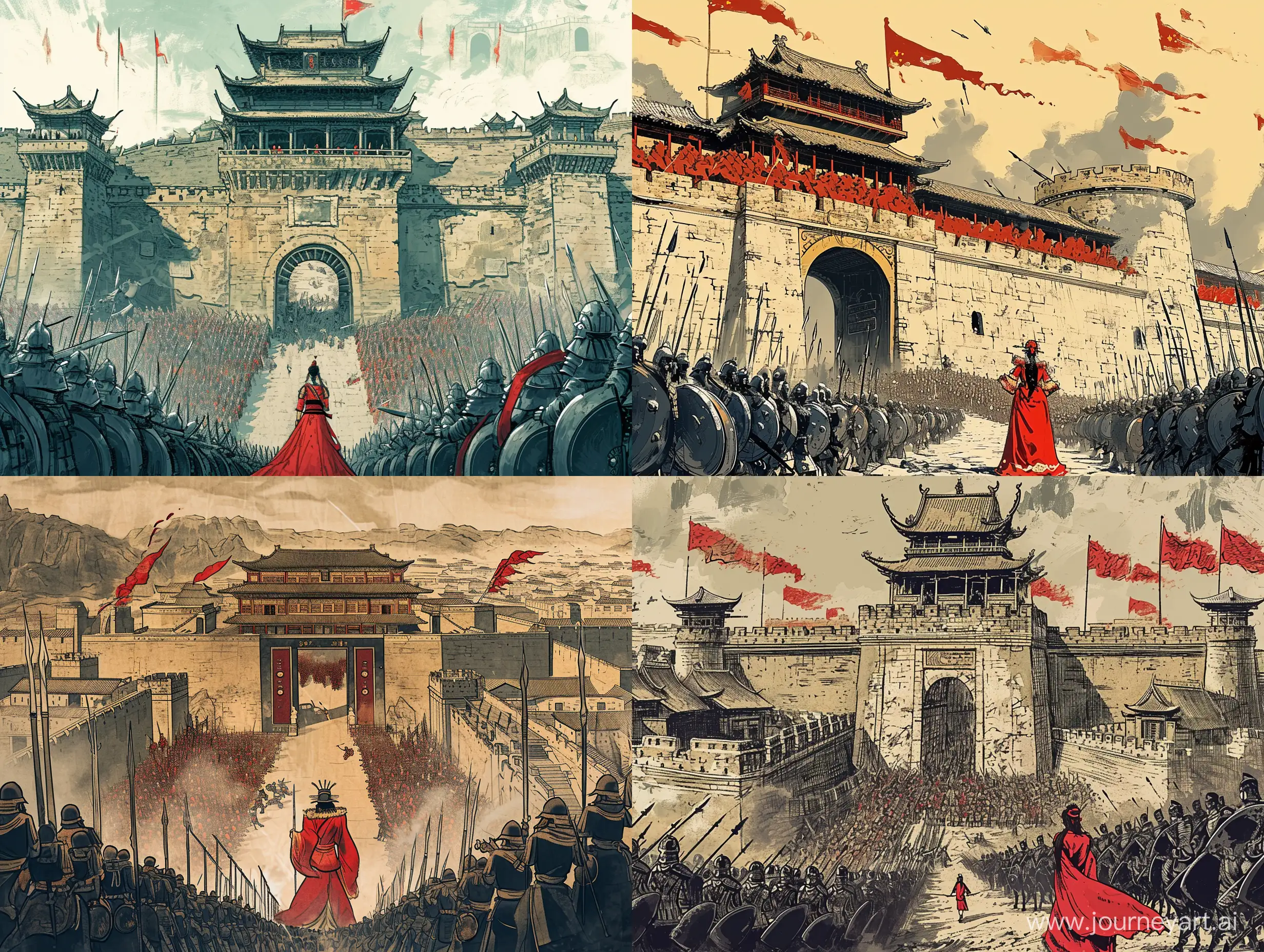 中国古代将军，率领大军，攻打城池，有一位红衣女子站在城门之下，中国风漫画风格，水墨画镜头，二次元，大师之作，场面宏大，4k高清。