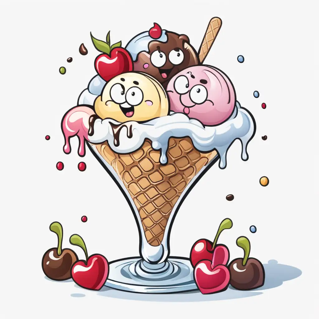 Delicious Ice Cream Sundae Cartoon with Vibrant Flavors and Whimsical Charm