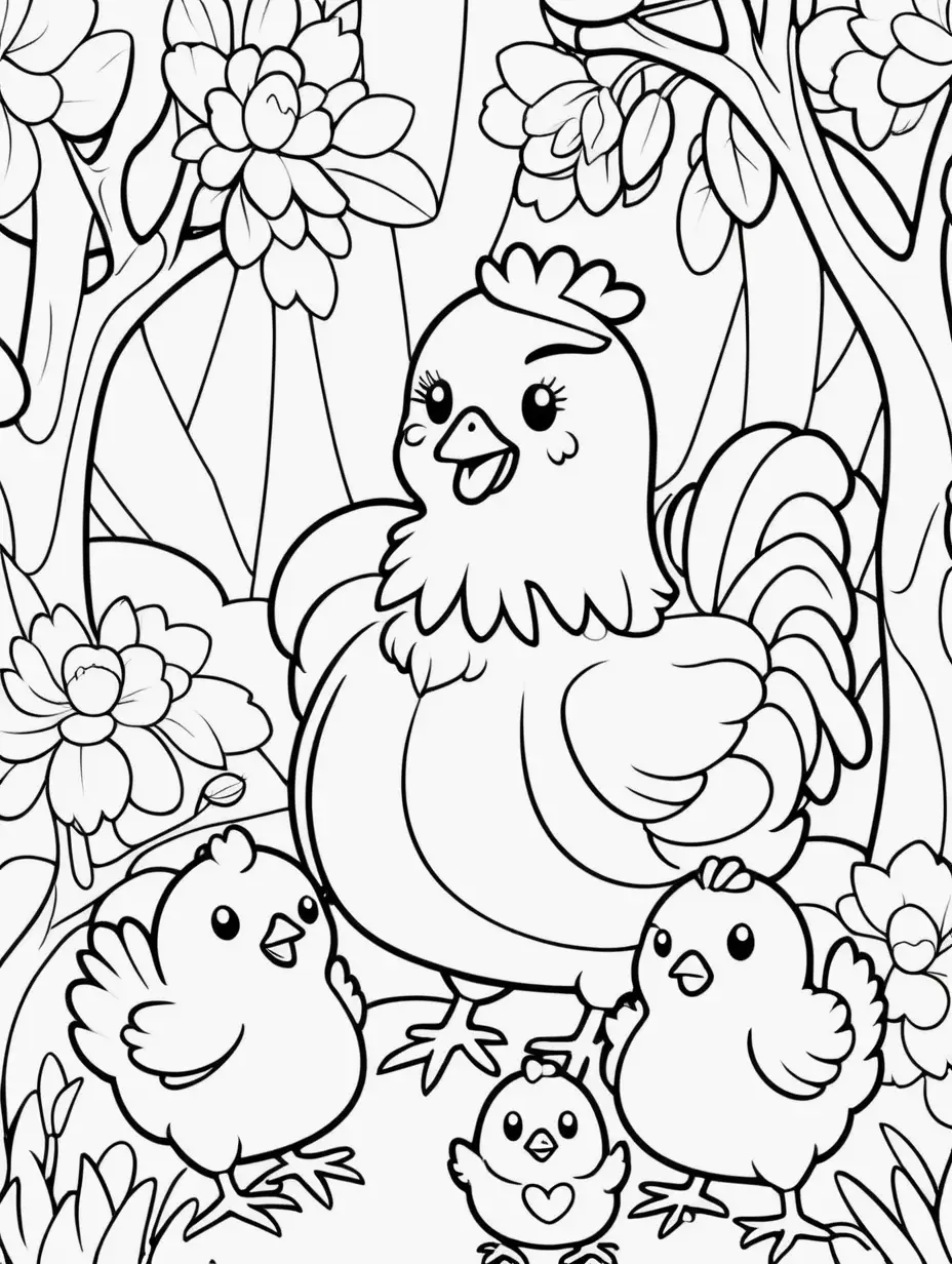happy kawaii mama chicken with baby chicks, easter atmosphere, spring, trees, coloring book , bold art lines, vector, hd