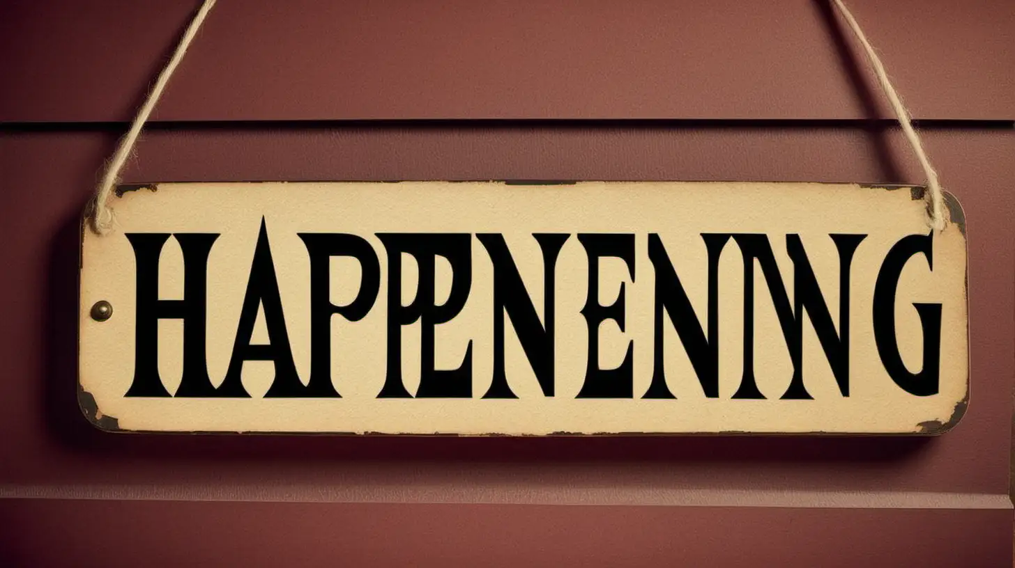 Create a door sign written with vintage fonts the word "Happening"