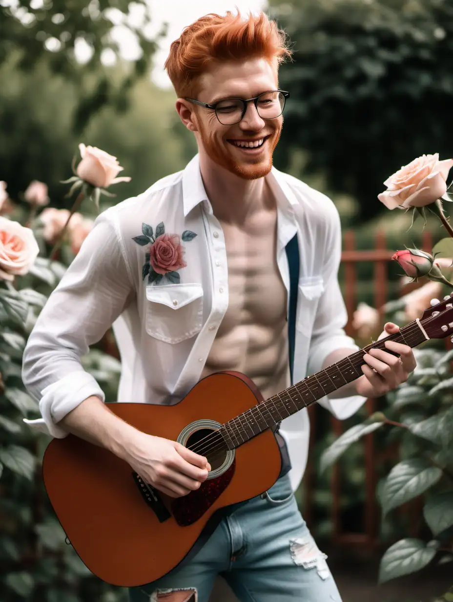 Handsome redhead man, glasses, shirtless, stubbles, half transparent white open shirt, torn blue jeans, rose garden, playing guitar, smiling