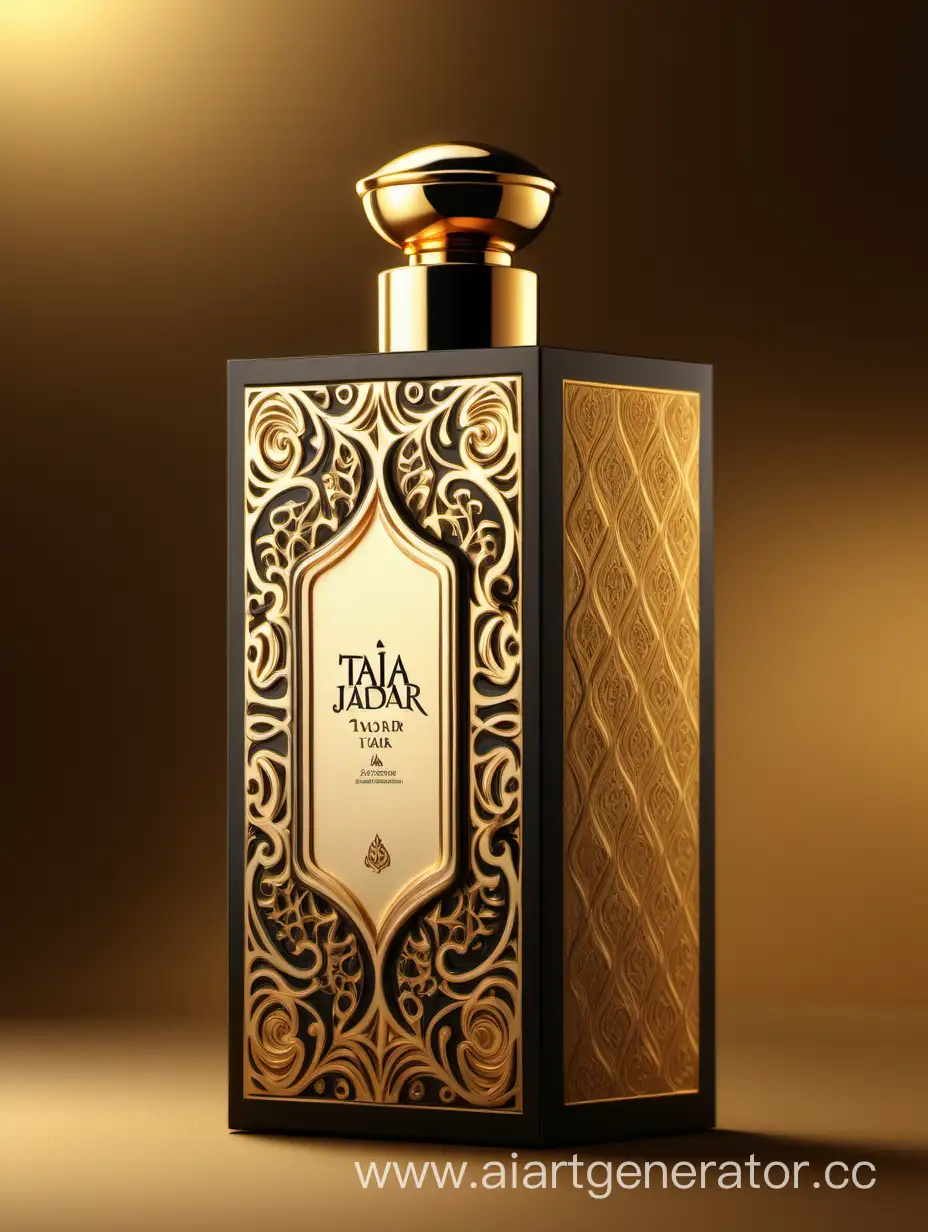 Box package design of perfume TAJDAR product, elegant, trending on artstation,   sharp focus,   studio photo,   intricate details,   highly detailed,   gold, Royal black and beige color on gold background