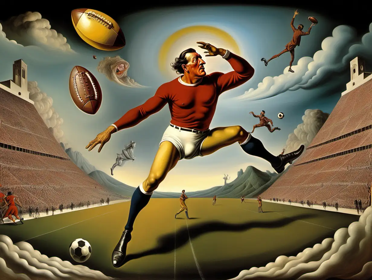 my mind on lsd while Jim Thorpe is playing football in style of surrealism and abstract by Dali