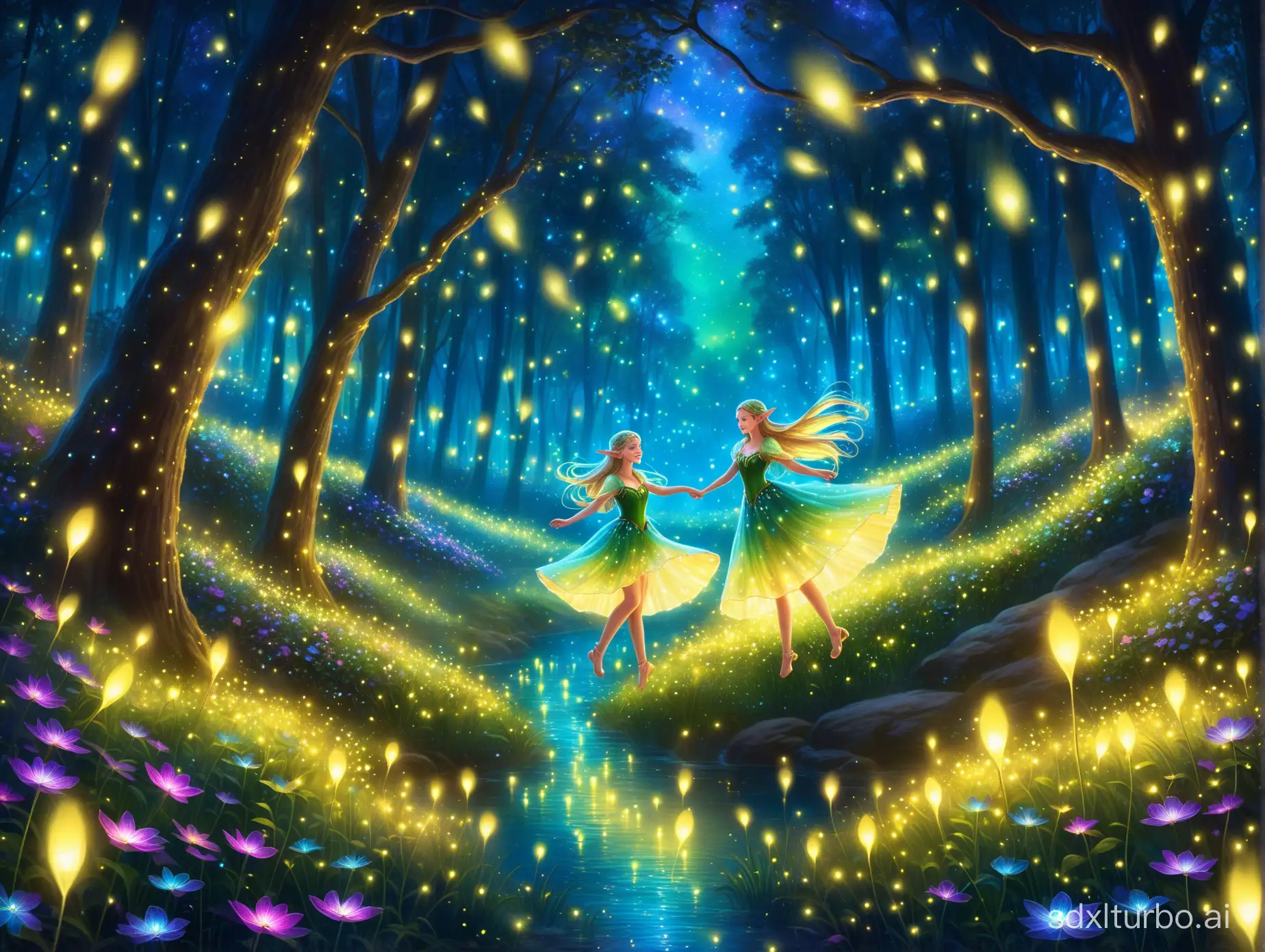 Elves, flower skirts, dancing in the dreamy forest. Fireflies swirling, nocturnal plants, with dreamlike lights. Highly detailed, realistic, fantasy storybook style. Bright colors, ethereal beauty.