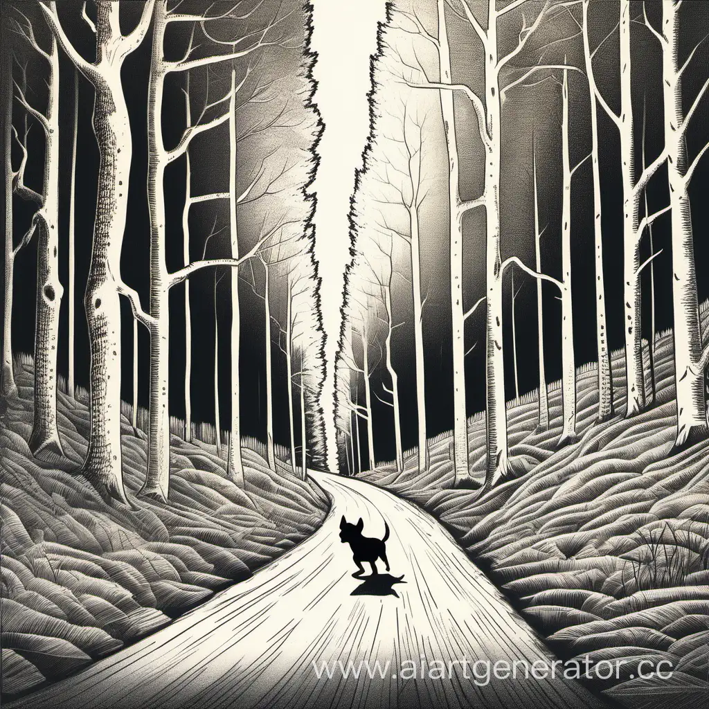 большой лес, рядом проезжая дорога, по которой бежит собачка, рисунок