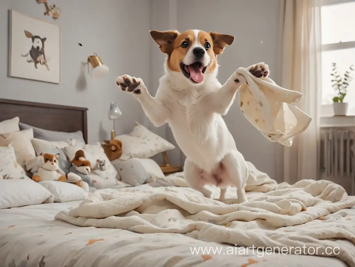 собака прыгает на кровати вместе с ребенком и рвут подушки и одеяла