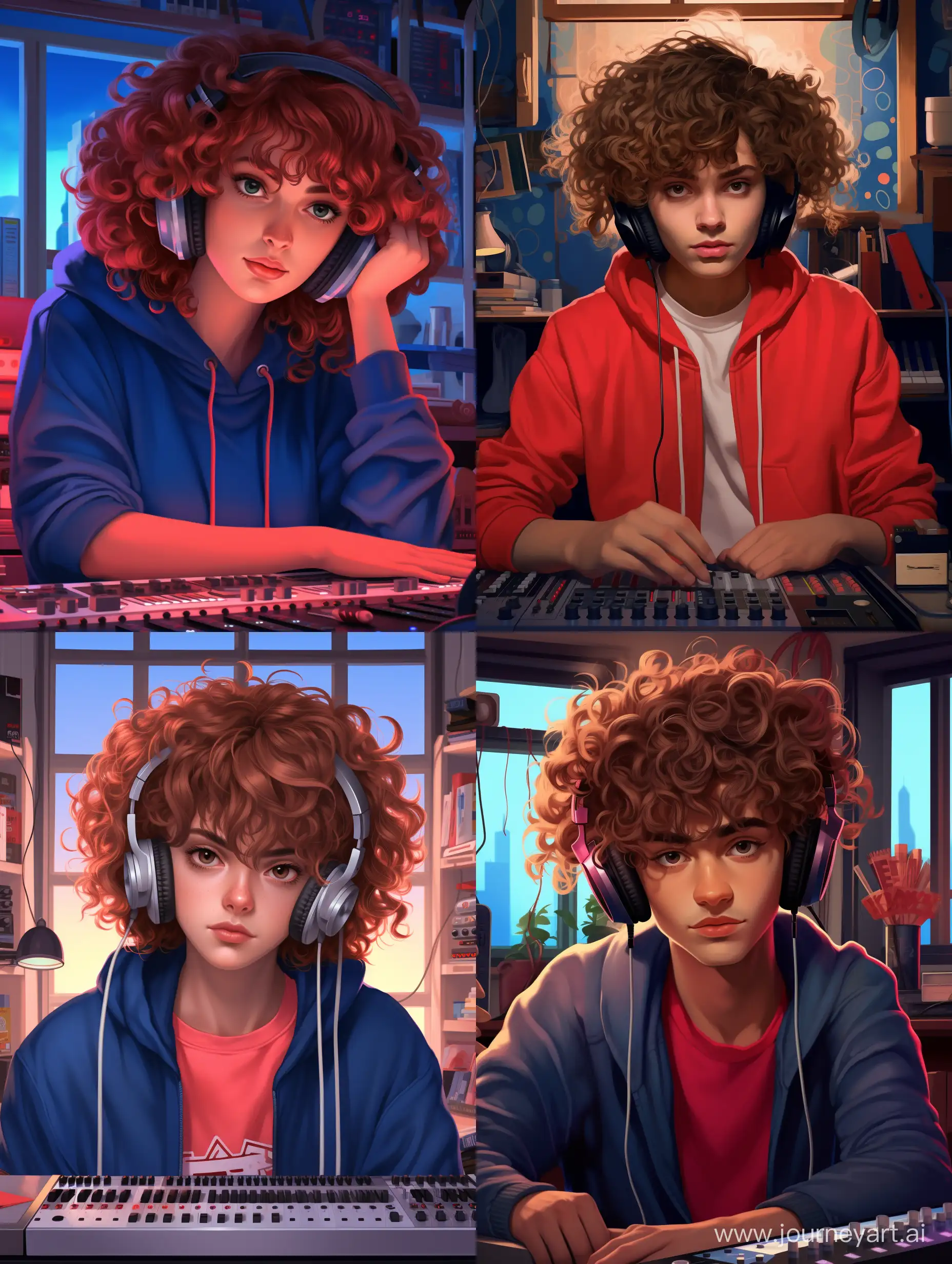 Curly Haired Beatmaker in Red Sweatshirt at Console with Blue Eyes, photo-realistic