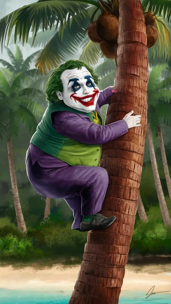 Overweight Joker Ascending a Palm Tree in Tears