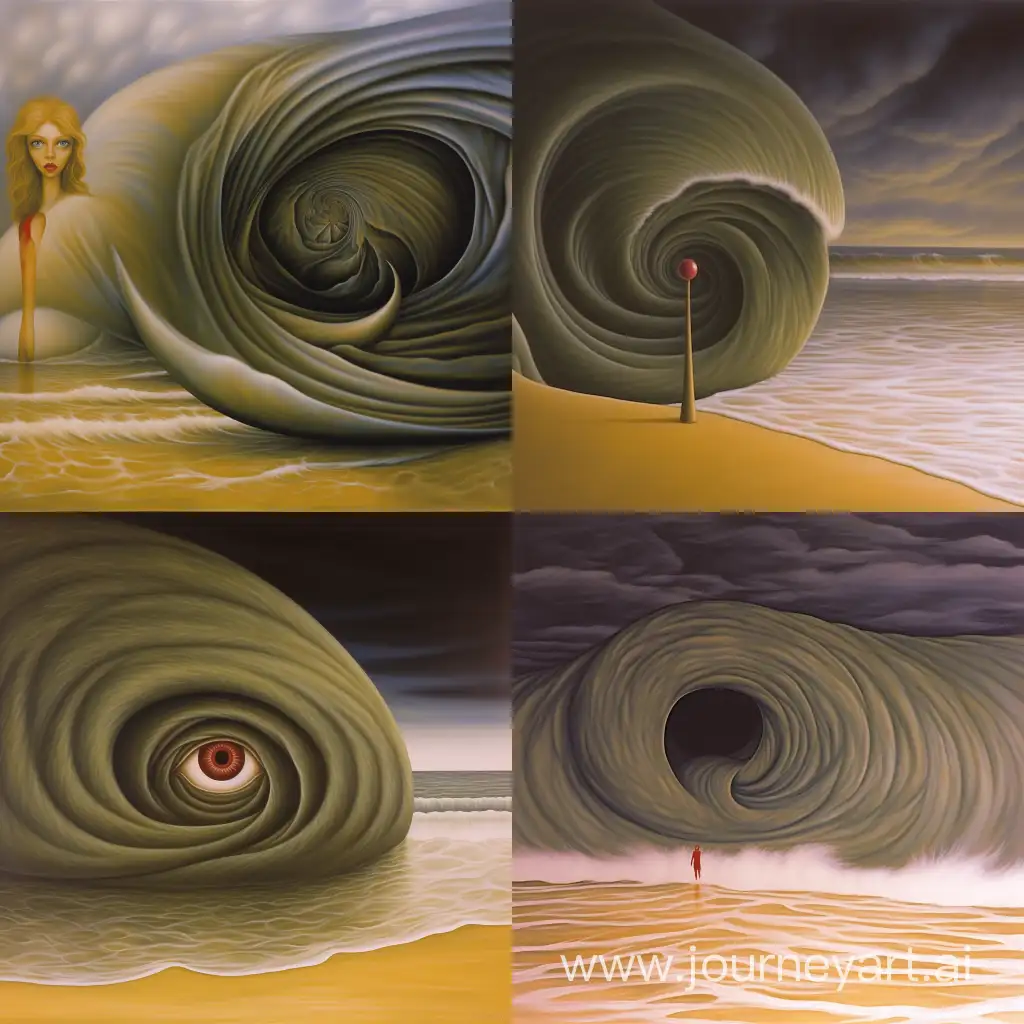 A blonde woman with green eyes emerging from a gigantic seashell on a sandy beach front, enormous waves in the background