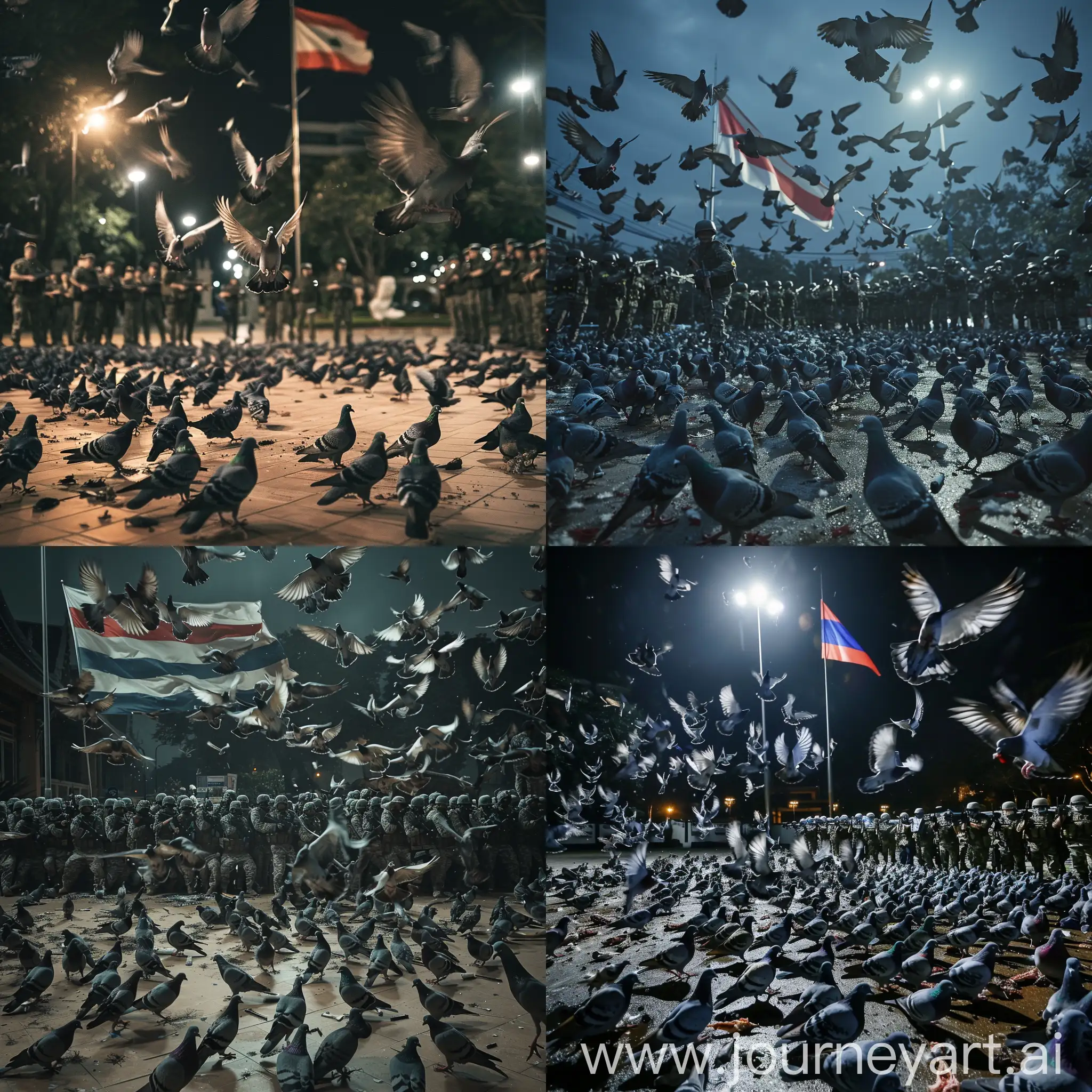 Pigeons flew in large flocks beautifully in the dark sky inside the university with the Thai flag and many Thai soldiers and soldiers and police in uniforms pointing guns at the flock of pigeons and birds dead pigeons  were strewn on the ground