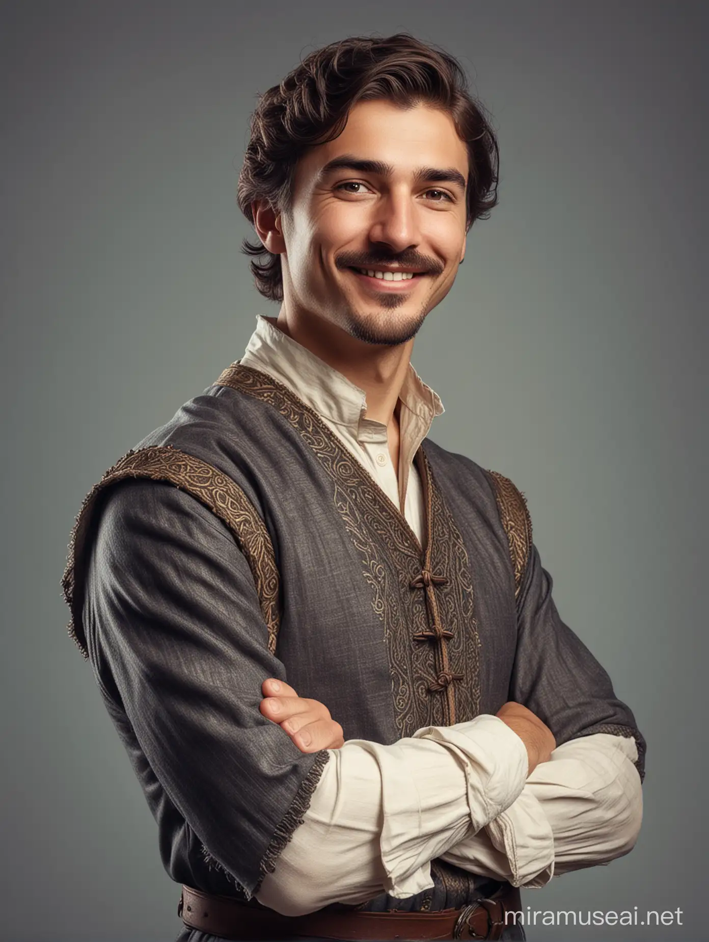 Arm crossed man with mostaches and smudge smile, with head raised up, medieval clothes, side view, fullbody character