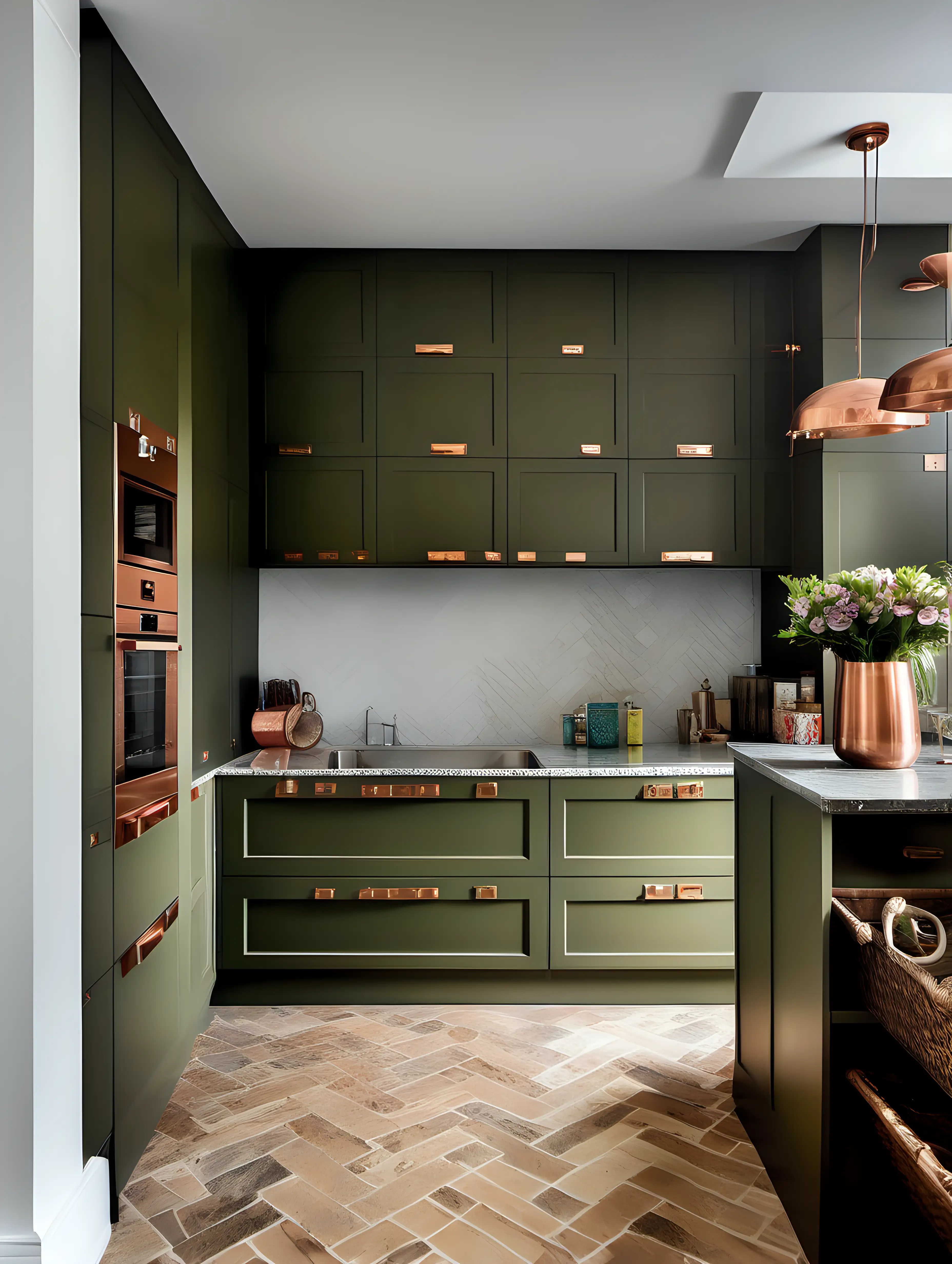kitchen
olive green
copper accessories
pantry in wood
small island
granite worktops
herringbone floor

