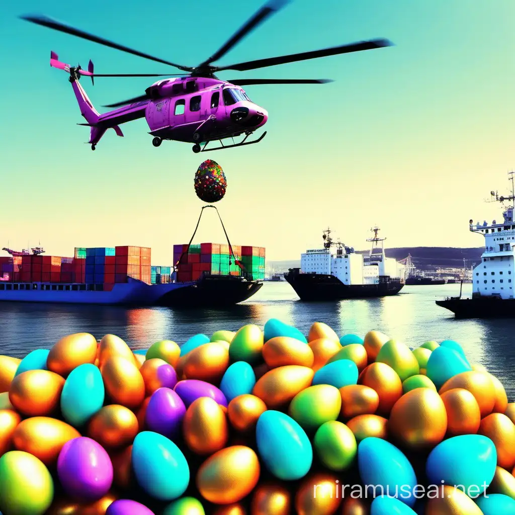 helicopter droping easter eggs with colors at the port in a countainer