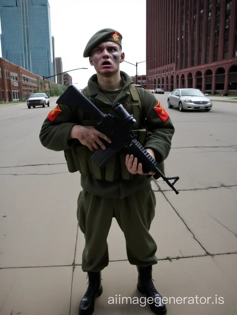 Scared Russian soldier in Detroit