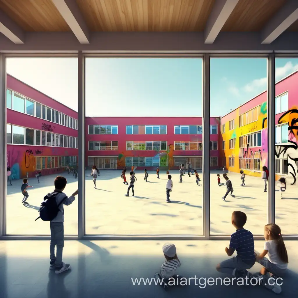 Vibrant-Schoolyard-with-Graffiti-Art-and-Musical-Youth