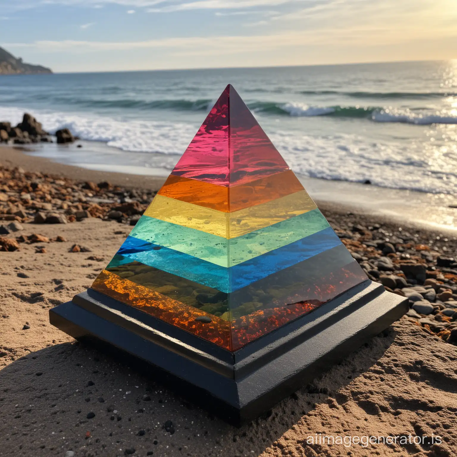 A large glass pyramid on a long black stone base, by the sea, which has been turned into 7 colors by the sunlight, like Newt's pyramid.
