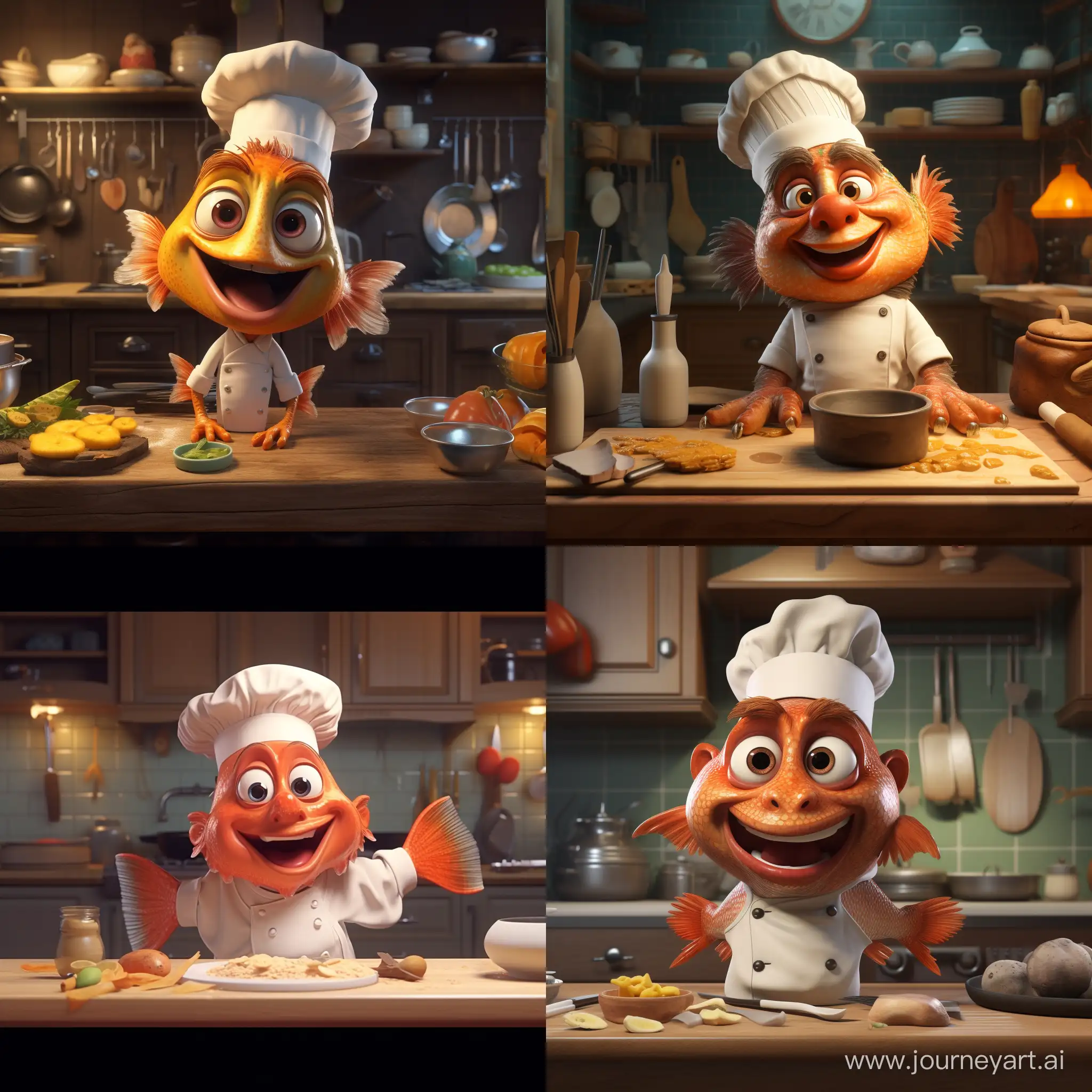 A talking fish with hands cooking rolls. 3d animation 