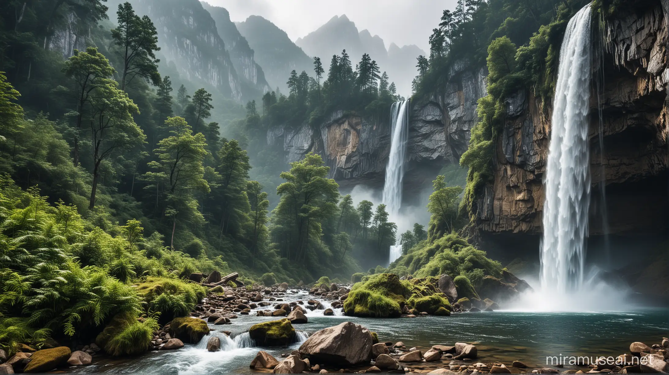 Majestic Waterfall Cascading Through Lush Forest Mountains 4K Professional Photography