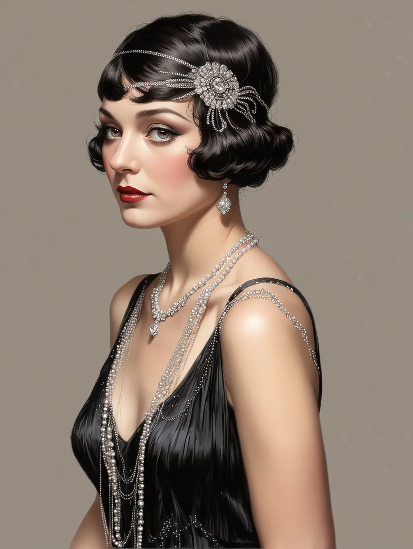 Elegant 1920s Flapper Woman Portrait with Jewelry and Black Dress