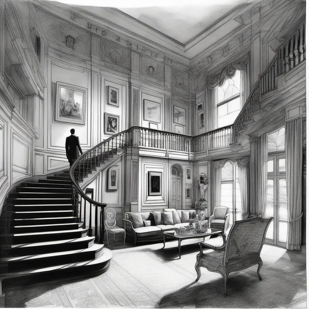 black and white DRAWING of living room with main staircase in a big house in white with backside of a MAN on stairs and dressed in white 