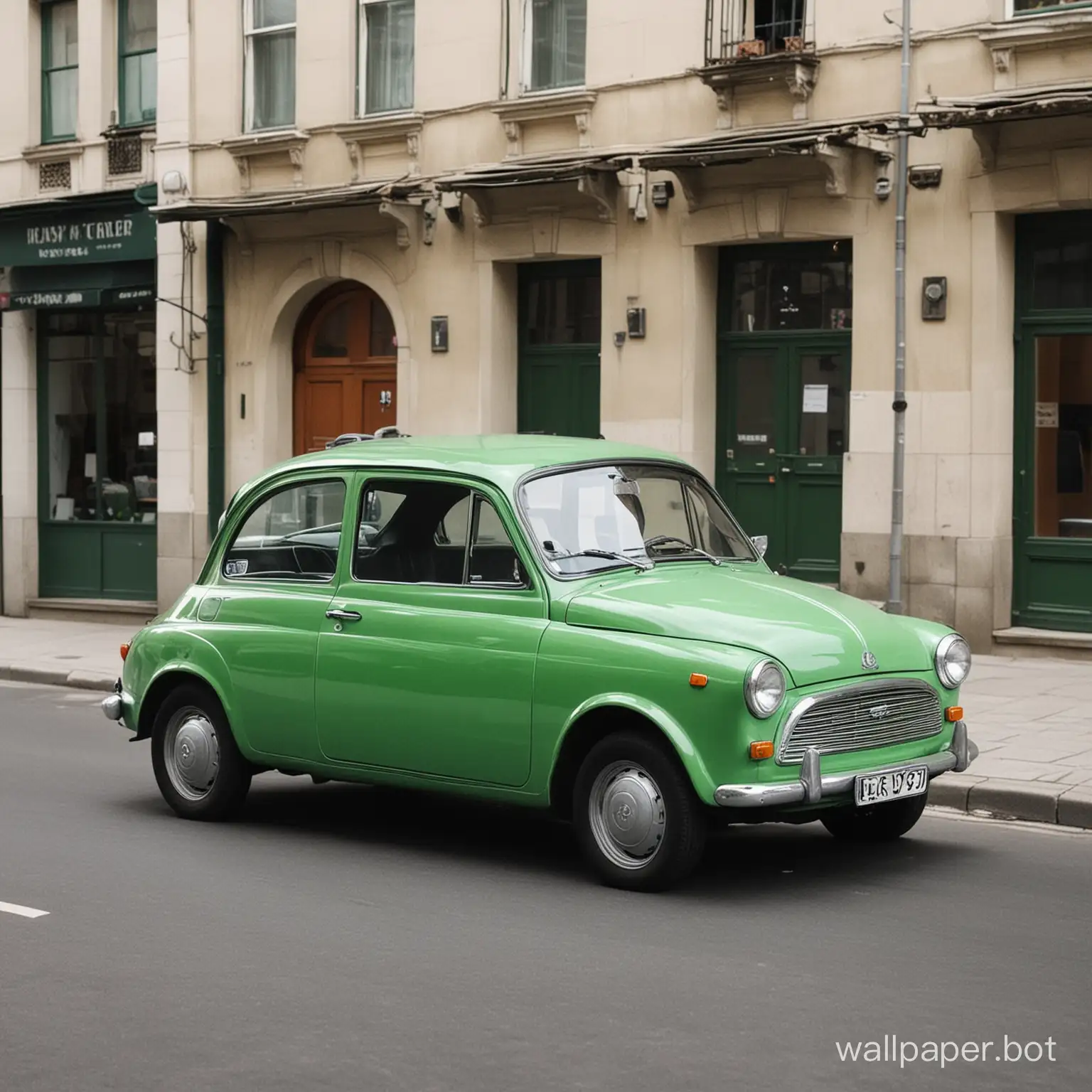 Sleek-Green-Car-Driving-Through-Urban-Landscape