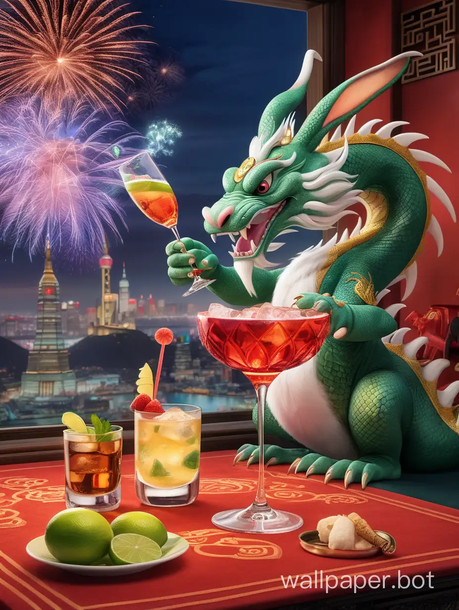 a Chinese dragon is sipping a glass of cocktail in its claw. it is with a bunny friend. fireworks are outside the room.