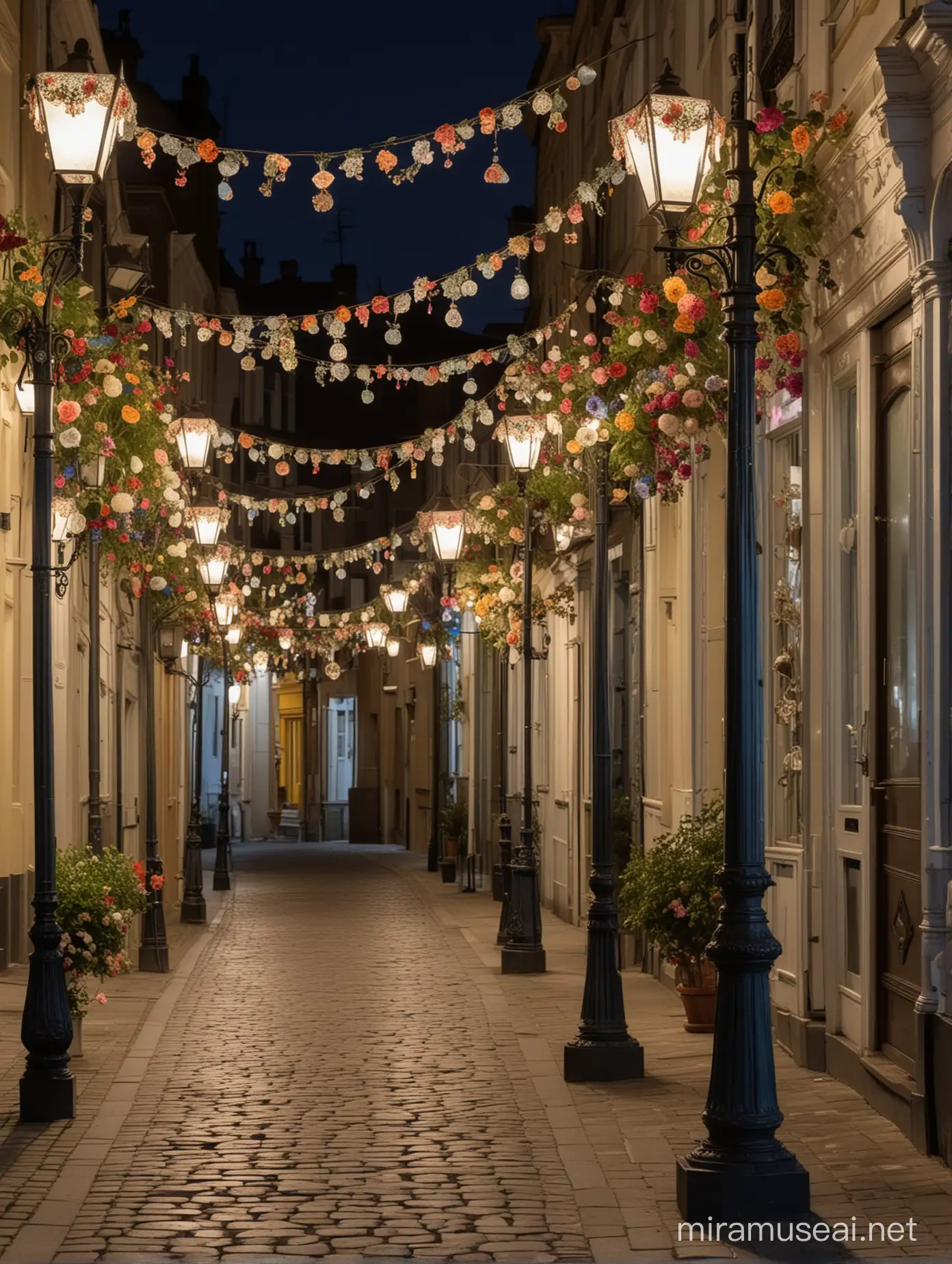 A view of a street with Many different Victorian styled lampshade abajour with trimmings and floral patterns. On poles from both sides of the street. Illumination the street