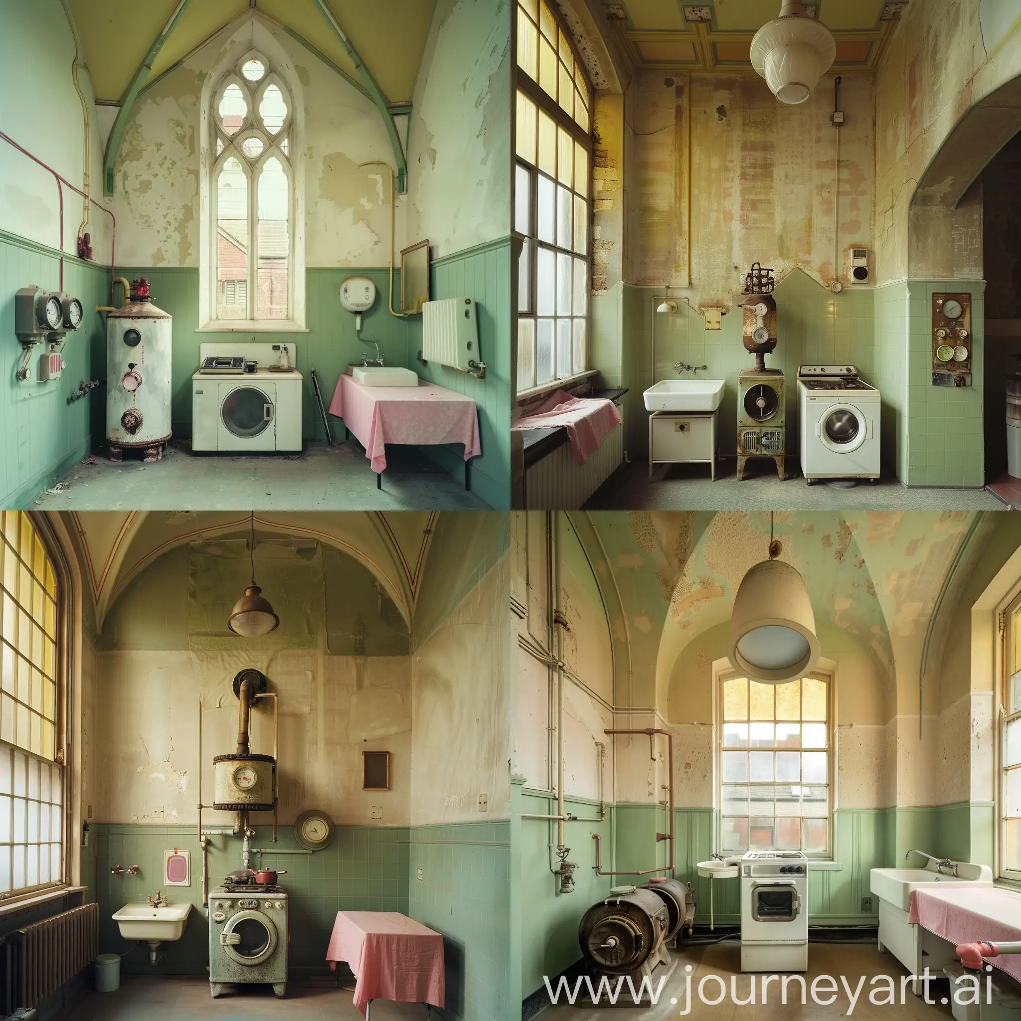 This image showcases a room with an aura of a bygone era, suggesting a multifunctional space possibly utilized as an old kitchen or laundry area. High ceilings washed in a soft, creamy hue contrast with a green dado that wraps the walls. An antiquated gas boiler clings to the wall beside a white porcelain sink, hinting at utilitarian purposes. Adjacent to these, a classic washing machine stands solidly. The room is bathed in a warm glow filtering through a large window fitted with yellow-tinted panes, casting a nostalgic light. At the heart lies a vintage gas stove, its design echoing the past. Tucked in a corner, a pink tablecloth introduces a dash of vibrancy, softening the room's aged aesthetic. Every element resonates with stories, imbuing the space with a tangible sense of narrative and life lived.