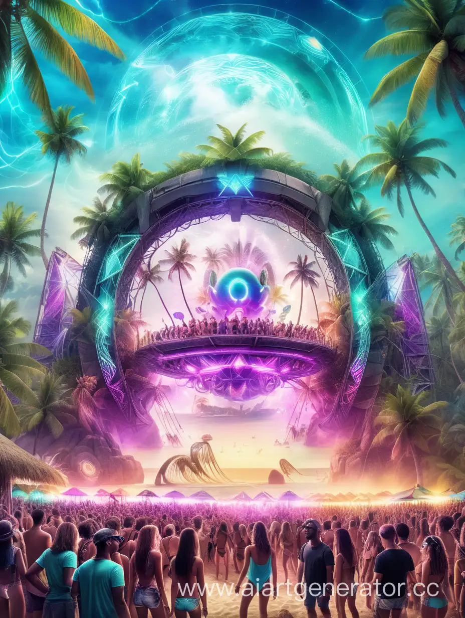 Create an electrifying flyer that takes your audience to an otherworldly rave by the sea. Combine the pulsating rhythms of jungle techno with the breathtaking beauty of an open-air beach party. Imagine a futuristic fusion of humans and aliens dancing together on a mesmerizing dance floor.