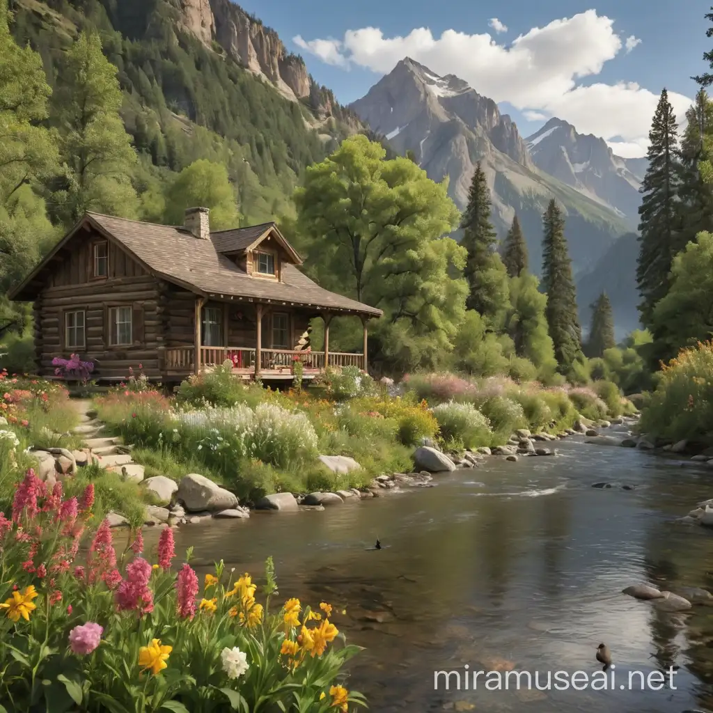 Cabin at province of US, mountain behind cabin, riverside at right cabin, trees and flowers side by side of riverside and birds on the sky