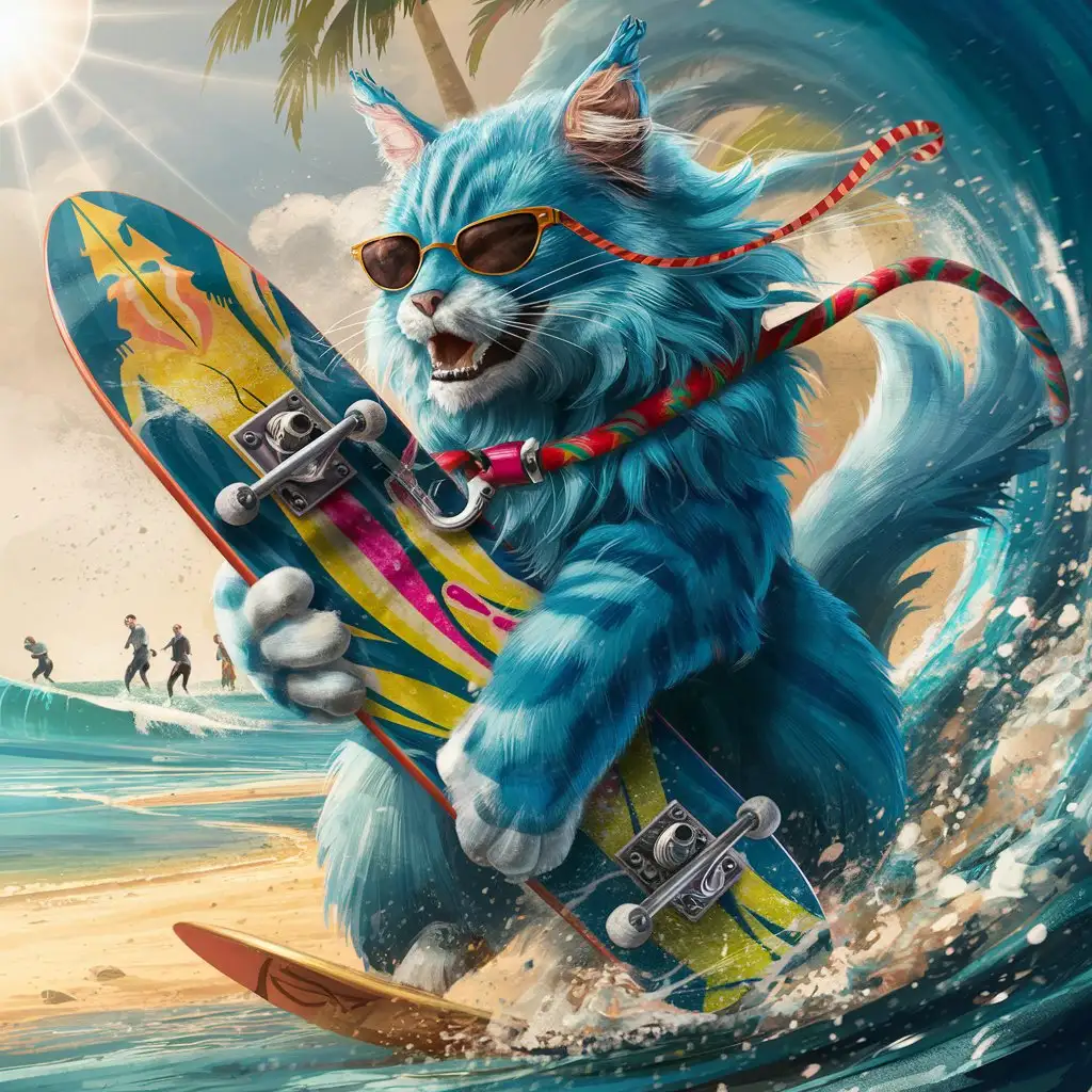 majestic blue feline, surfer style, grabbing a skateboard 
