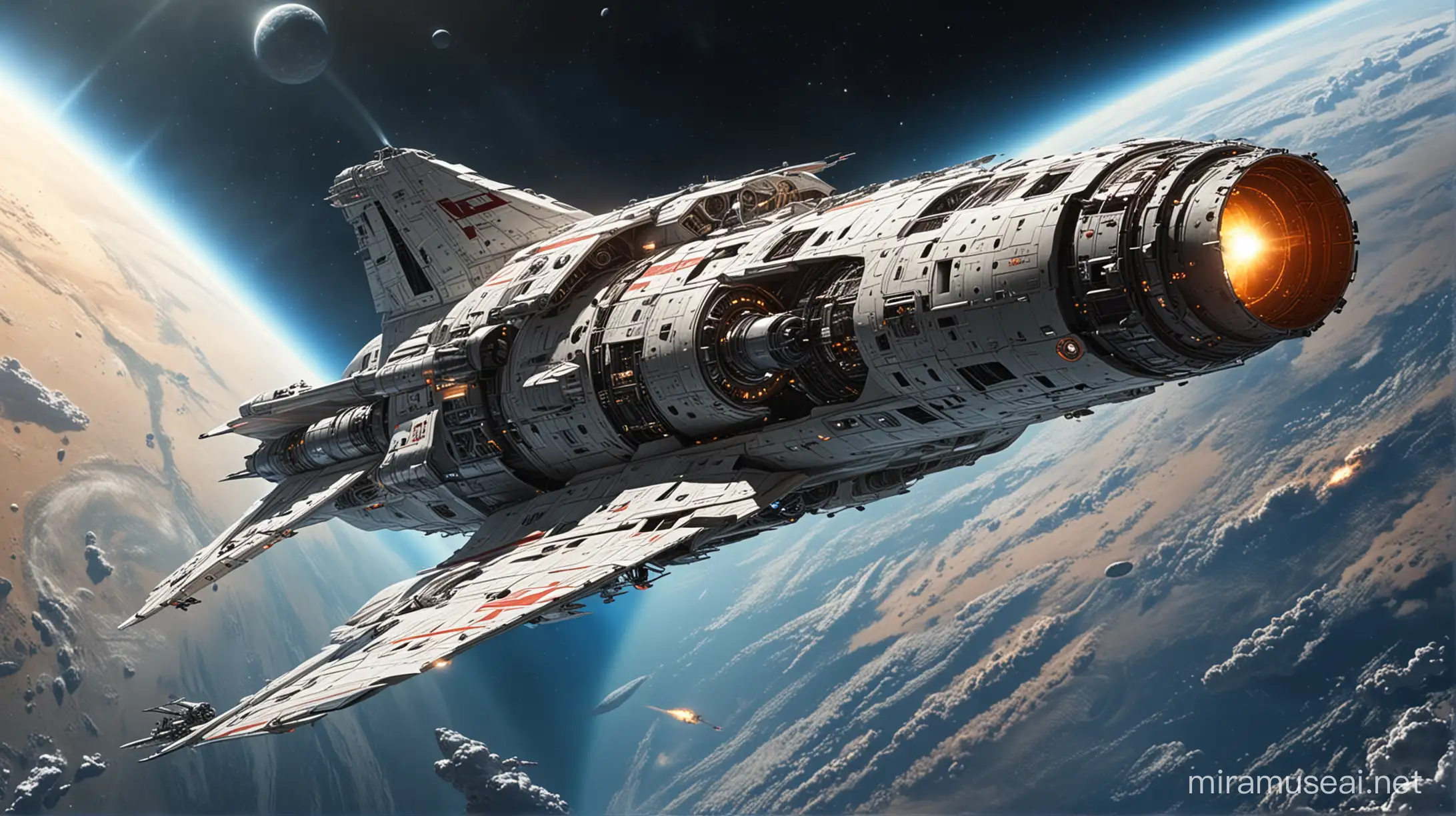 Russian space cruiser in earth orbit, science fiction, futurism