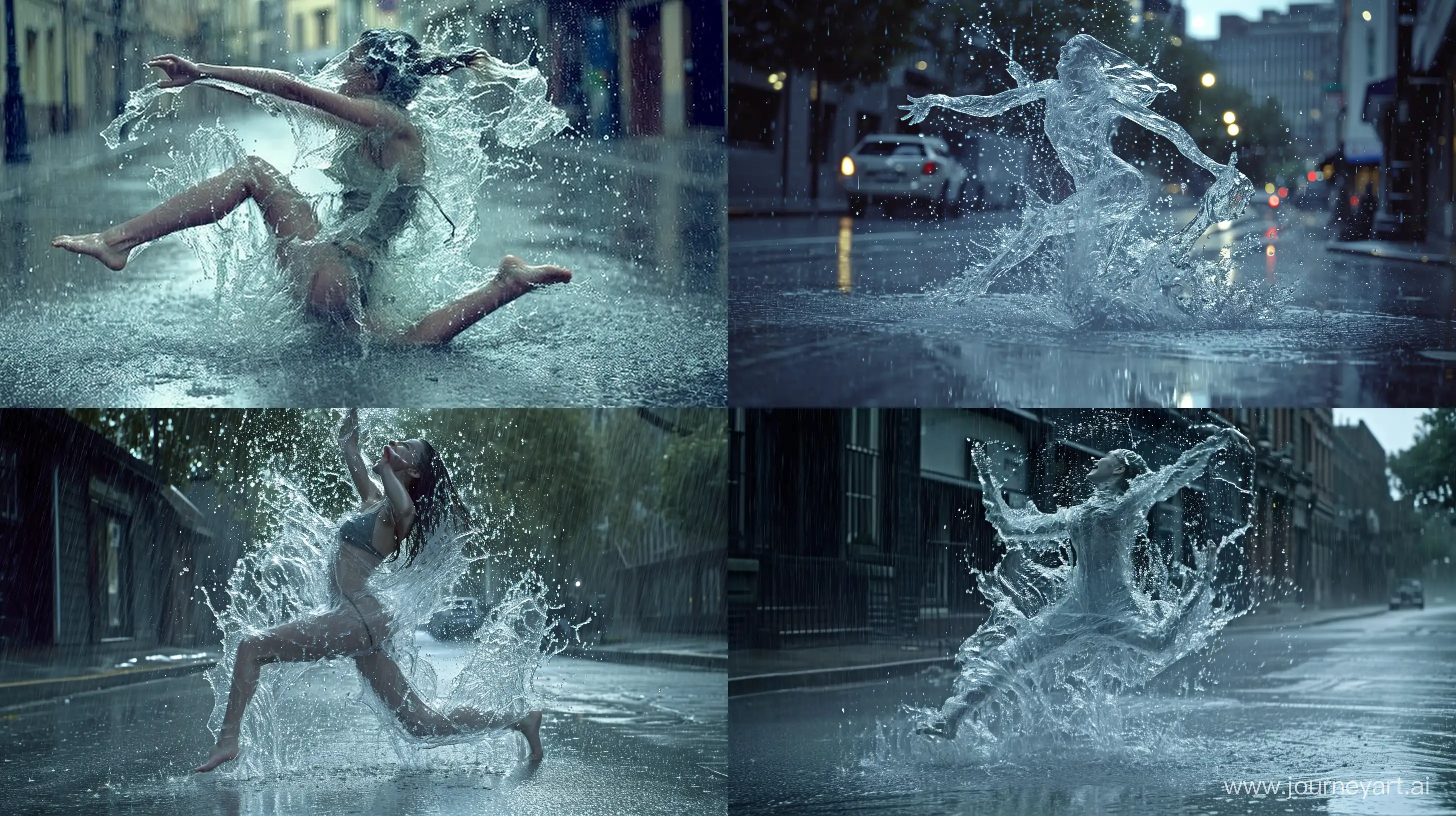 A realistic depiction of a transparent water woman, dancing and playing on the street under heavy rain, joyfully splashing water with her feet and hands --ar 16:9 --v 6.0