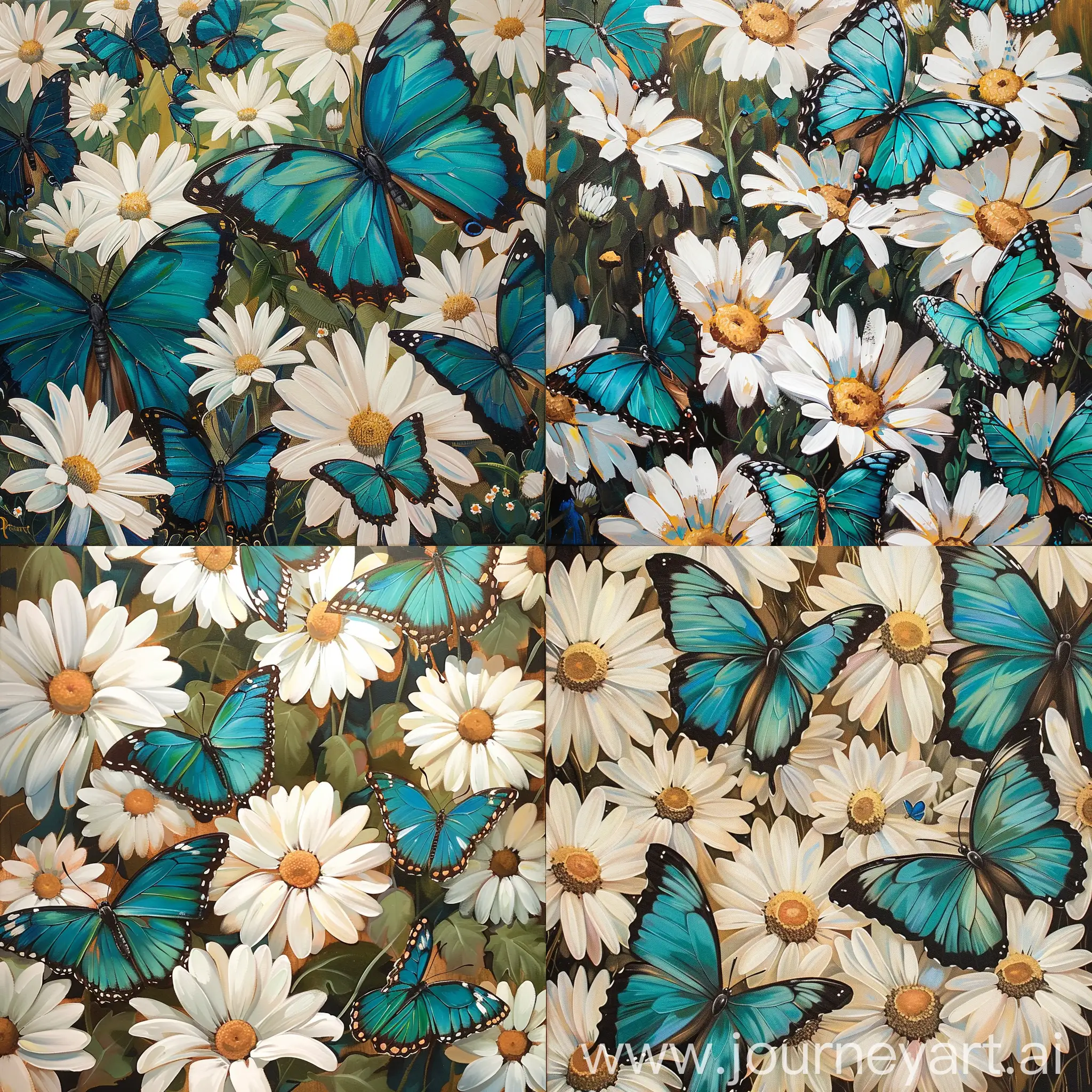 A painting full of turquoise butterflies next to white daisies