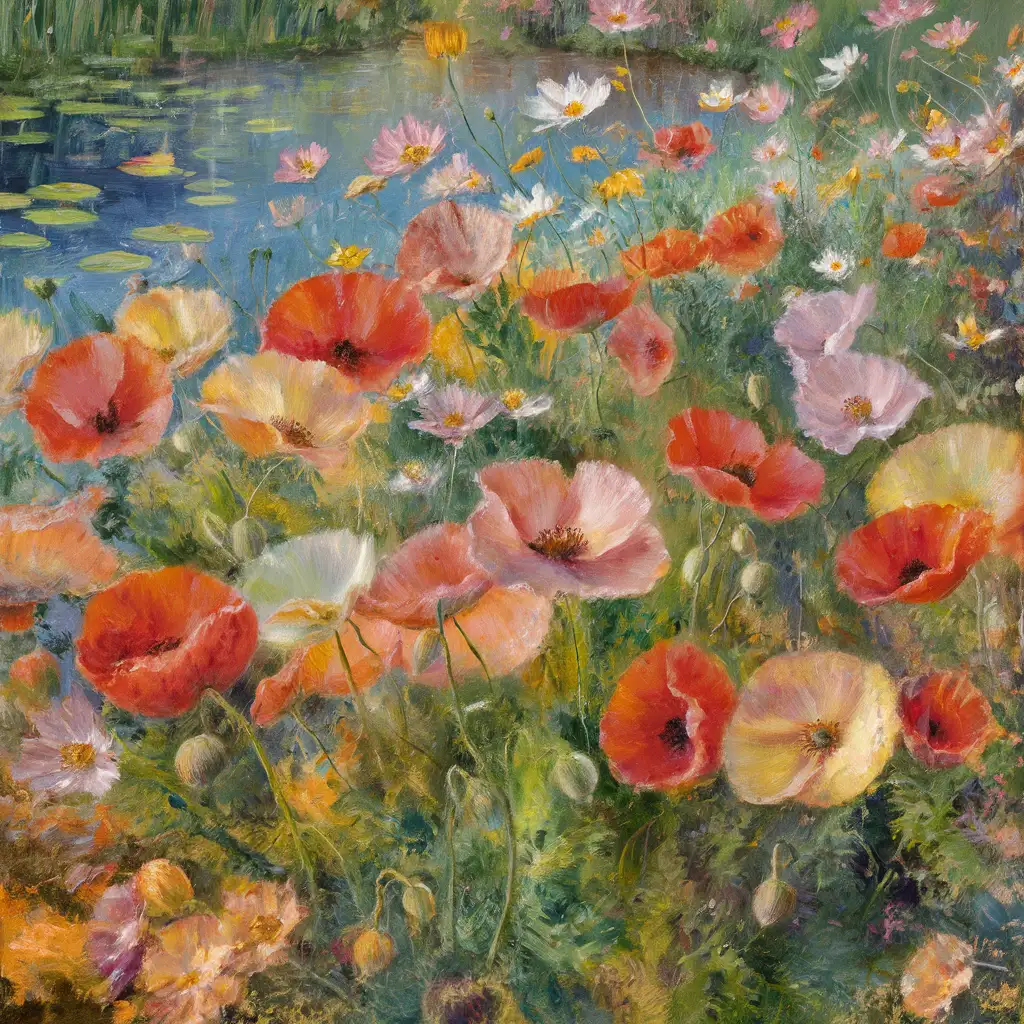 Claude Monet style painting with poppies and cosmos florals