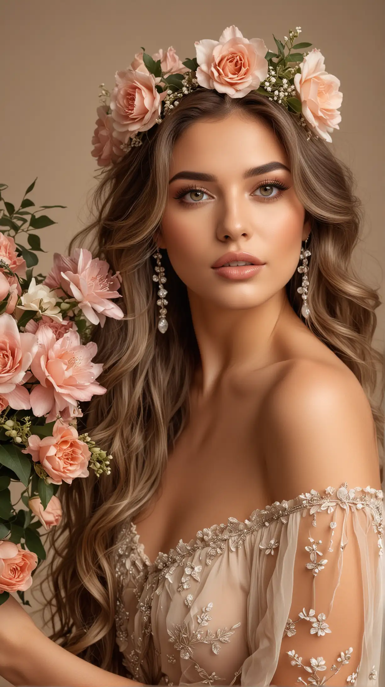 photoshoot with beige background of beautiful woman, wearing sheer blouse, nice jewelry, beautiful big matte taupe lips, makeup, long balayage wavy hair, with captivating eyes and a passionate expression, She is wearing a crown of flowers, and holding a big bouquet of flowers, ultra-realistic